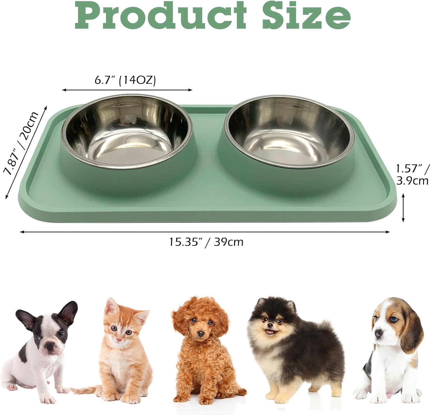 BNOSDM Double Dog Food Bowls Stainless Steel Dog Food and Water Bowls with Non-Spill Plastic Mat Pet Cat Feeder Bowl Set for Puppy Cats Kitten Small Dogs, Dark Green - Green image number 4