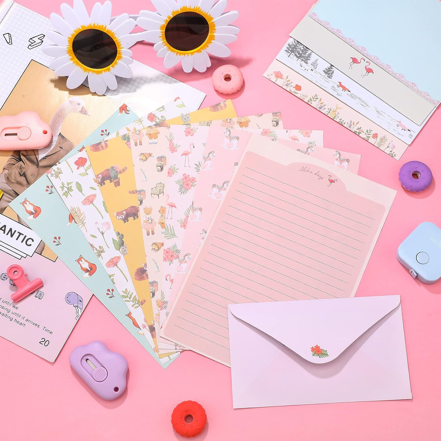 Laumoi 180 Pcs Papers and Envelopes Set - 60 Envelopes, 120 Lined Writing Paper, 96 Colorful round Dot Stickers, 10 Designs (Vibrant) image number 3