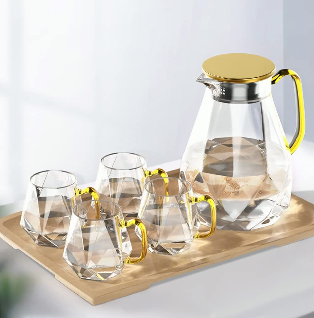 DUJUST Glass Pitcher with Lid [68 Oz], Elegant Diamond Design Water Pitcher with Handle, Decoration for Room, High Durability Water Glass Carafe for Ice Tea Maker, Beverage, Hot/Cold Coffee - 1 Glass Pitcher (Golden Lid) image number 4