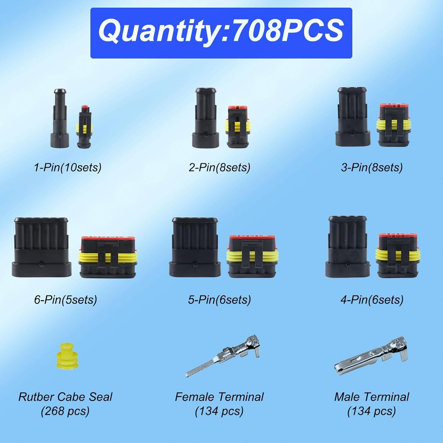 708PCS Waterproof Automotive Electrical Connector Terminals Kit,12V Car Electrical Wire Connectors Plug Kit,1/2/3/4/5/6 Male and Female Pin Connectors for Motorcycle, Truck, Car, Boats image number 5