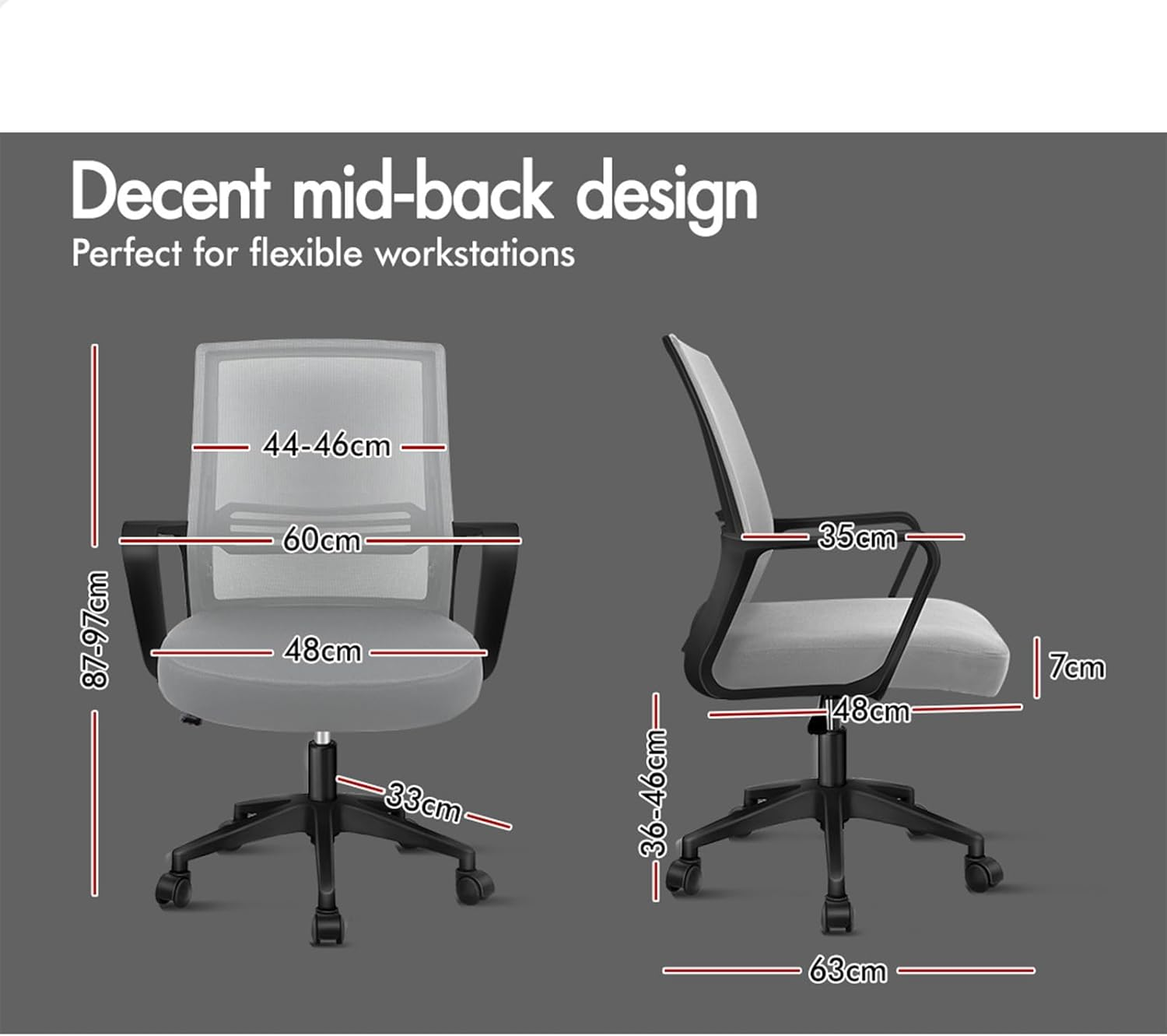 ALFORDSON Mesh Office Chair with Sgs-Approved Gas-Lift, Mid Back Executive Computer Desk Chair, Fabric Seat Gaming Racing Chair, Max 180Kg Loading(Fina Black Grey) - White Black image number 7