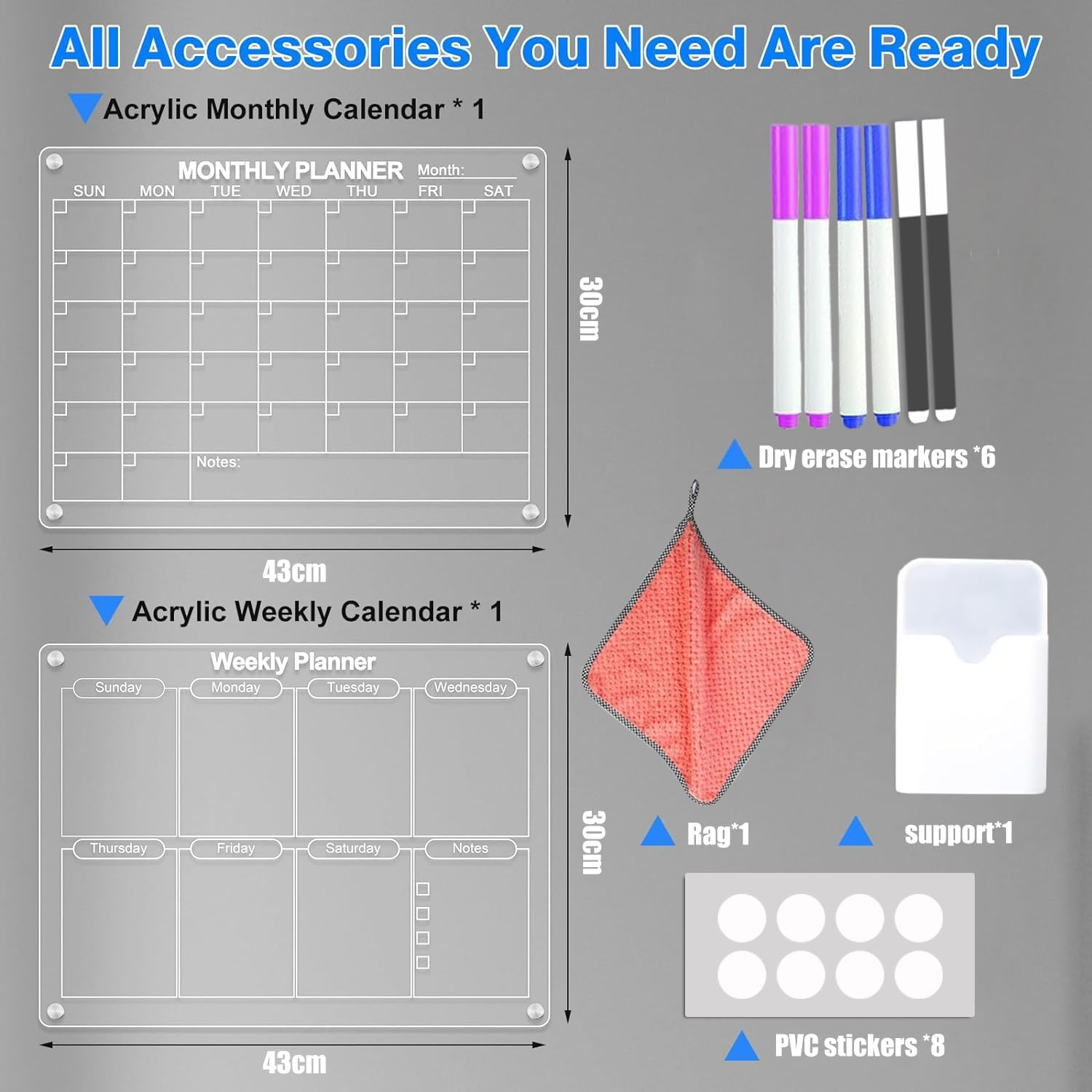 Acrylic Magnetic Dry Erase Board and Calendar for Fridge,43 * 30Cm Clear Acrylic Magnetic Dry Erase Planning Board of Monthly Calendar for Refrigerator with 6 Colored Markers and a Towel image number 1