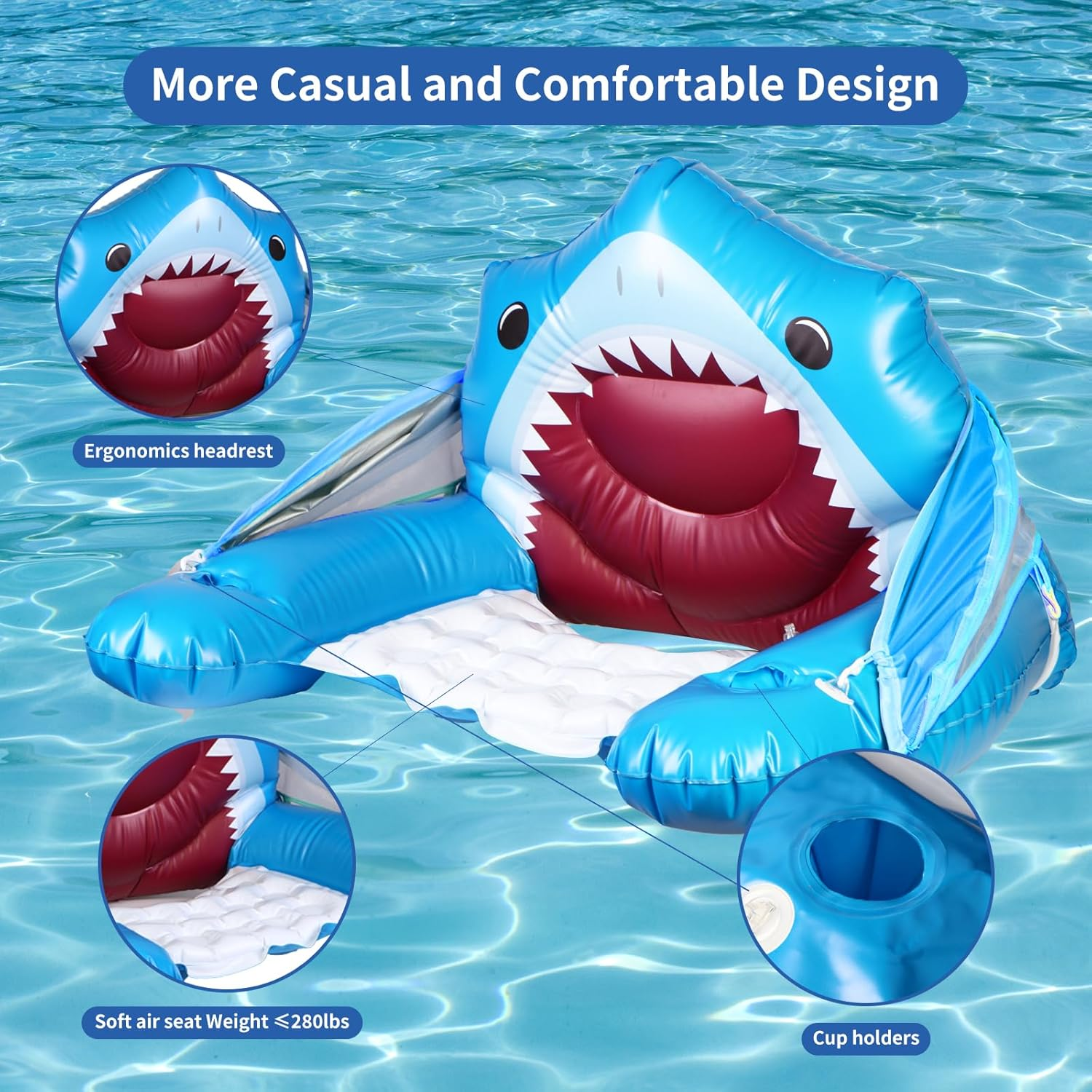 Inflatable Shark Pool Floats Chair with Canopy, Cup Holders for Adults | Large Pool Lounge Chairs with Adjustable Sunshade, Drink Holder and Ergonomic Headrest | Beach Floats Pool Chair image number 6