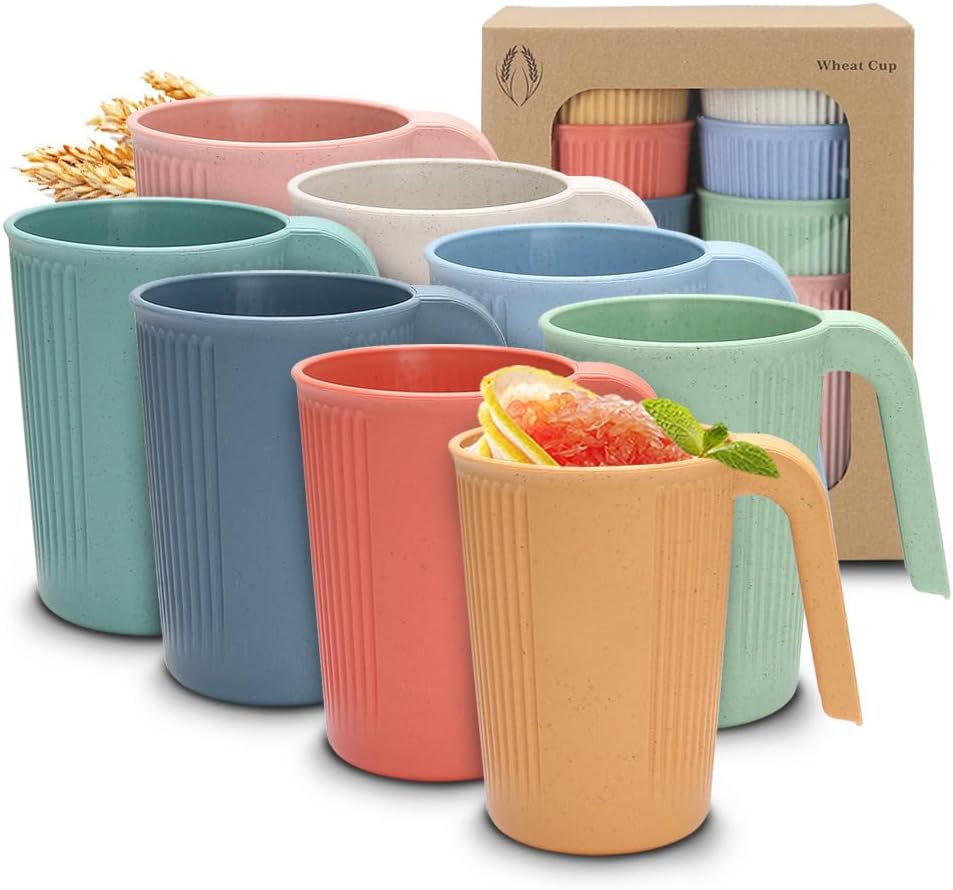 8 Pcs Wheat Straw Cup with Handle Colorful Wheat Straw Mug Stackable Plastic Coffee Cups Set 12 Oz Unbreakable Coffee Mug Reusable Plastic Mug Dishwasher Safe for Coffee Milk Tea image number 5