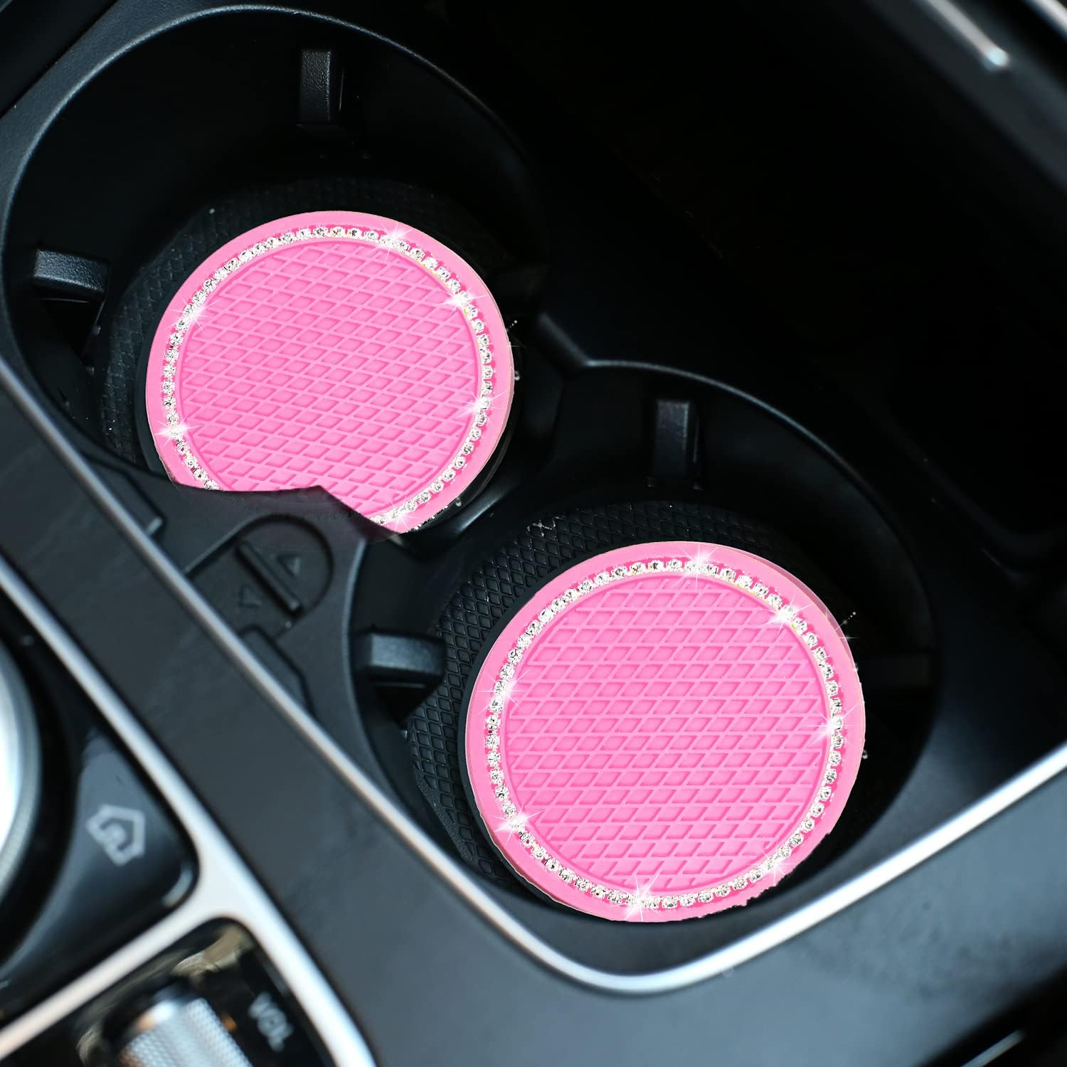 4PCS Sets Pink Bling Car Cup Holder Coasters for Car & Shiny Pink Push to Start Button Cover Key Ignition Ring Universal Auto Cute Pink Car Accessories Interior Decor for Women image number 3