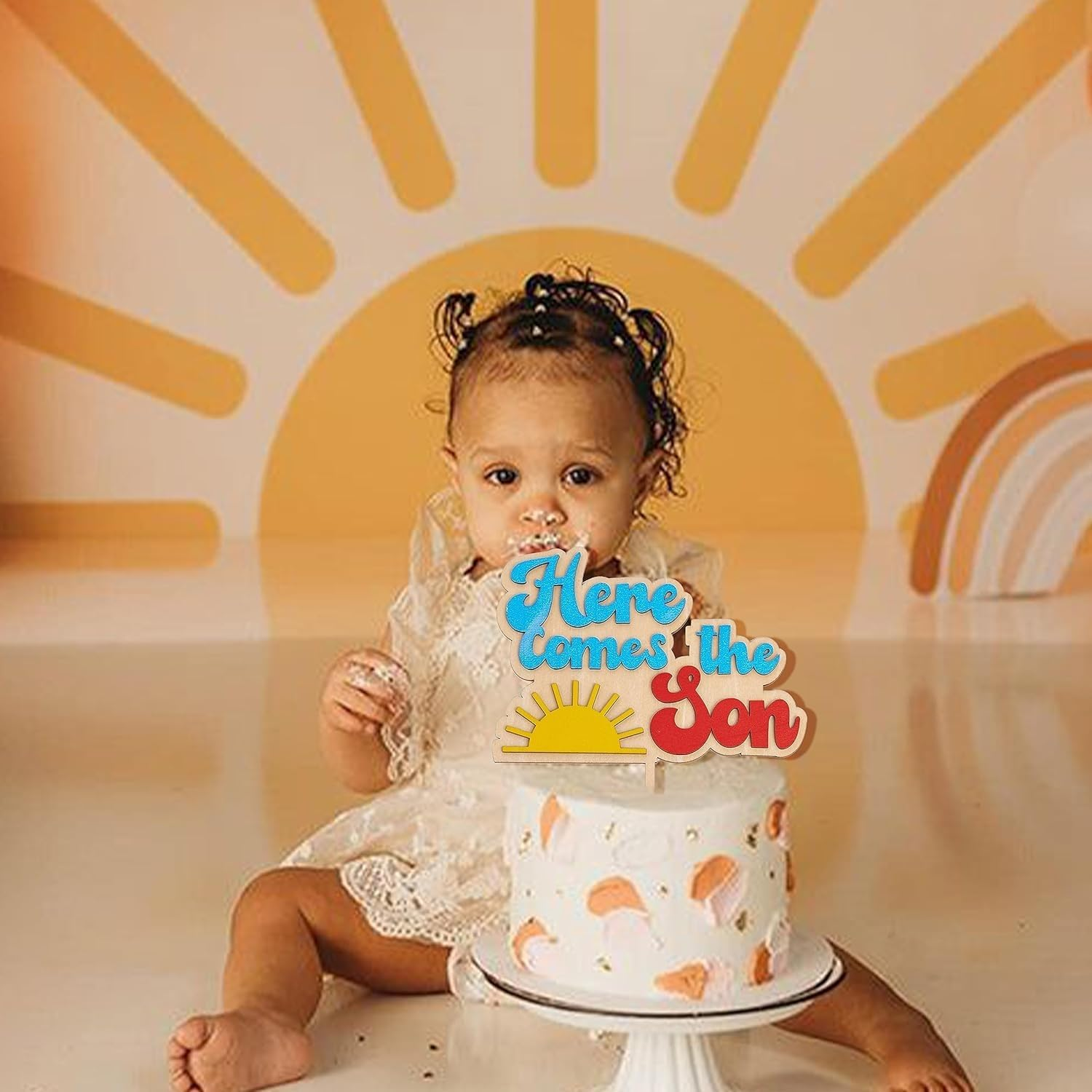 Colorful Baby Birthday Cake Topper -&ldquo;Here Comes the Son&rdquo; Sun Wooden Cake Decorations，Becomes Birthday the Focus of Cake Decoration, Suitable for Boy Birthday Party, Baby Baptism Decoration image number 4