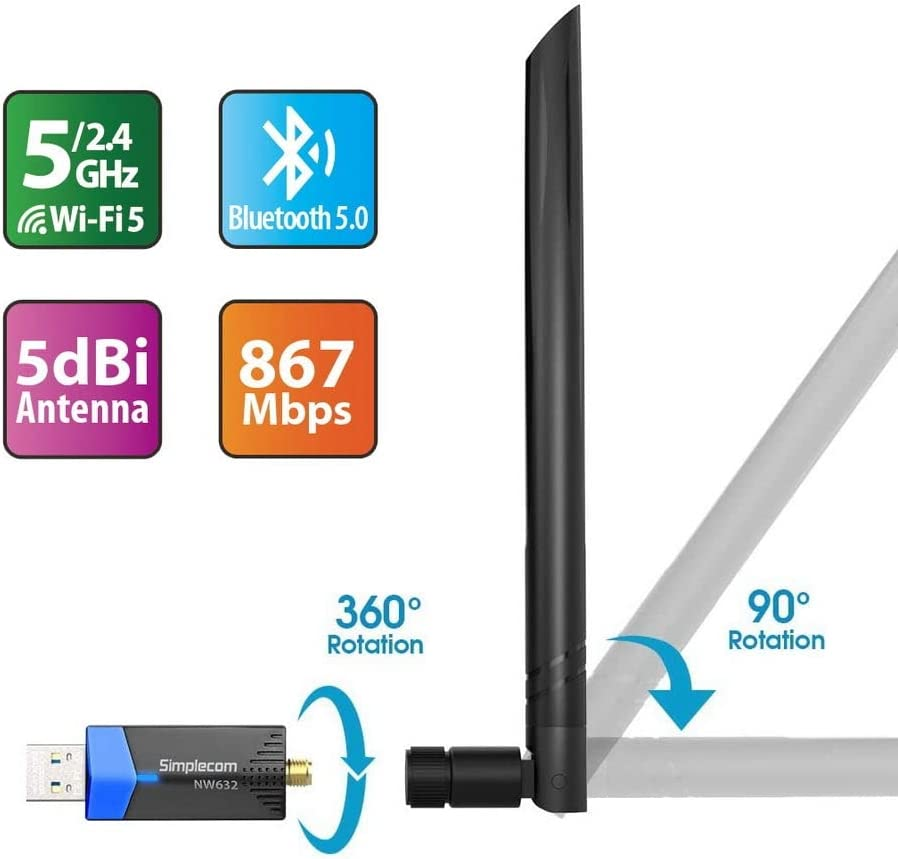 Simplecom NW632 Wi-Fi 5 Bluetooth 5.0 USB Adapter Dual Band AC1200