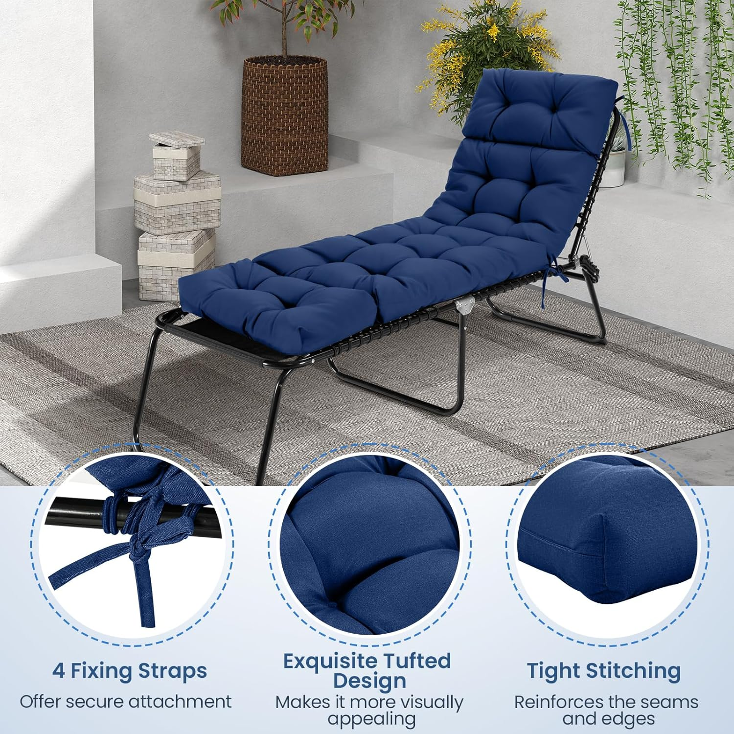 Costway Sunlounger Chair Cushion, High Back Recliner Cushion with 4 Fixing Ties, Thick Padded Reclining Chair Rocking Cushion for Outdoor Indoor (Only Cushion) (1, Navy, 186 X 56 X 11 Cm) image number 2