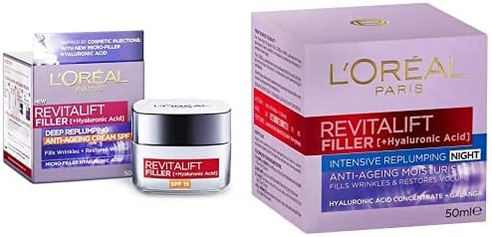 L'Or&eacute;al Paris Revitalift Filler, Plumping &Hydrating Skincare with Hyaluronic Acid, Anti-Ageing Day & Night Creams 50Ml, Duo Bundle