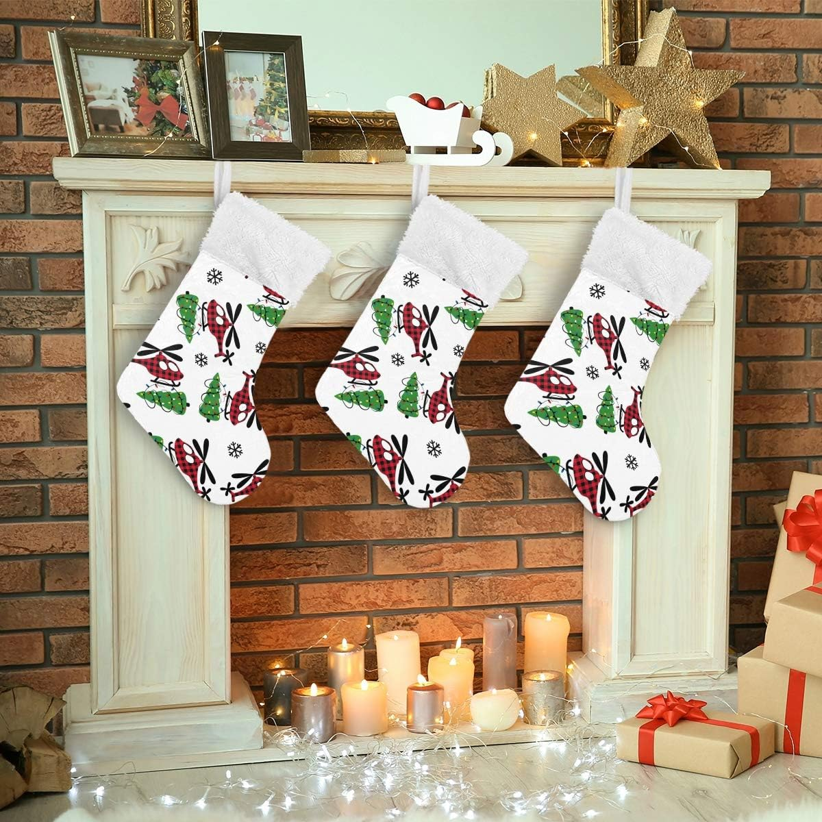 Eionryn Buffalo Plaid Christmas Helicopter Christmas Stockings Winter Snowflakes Xmas Tree Classic Personalized Large Stockings Xmas Character for Family Holiday Christmas Party Decorations 1 Pc 18 I image number 2