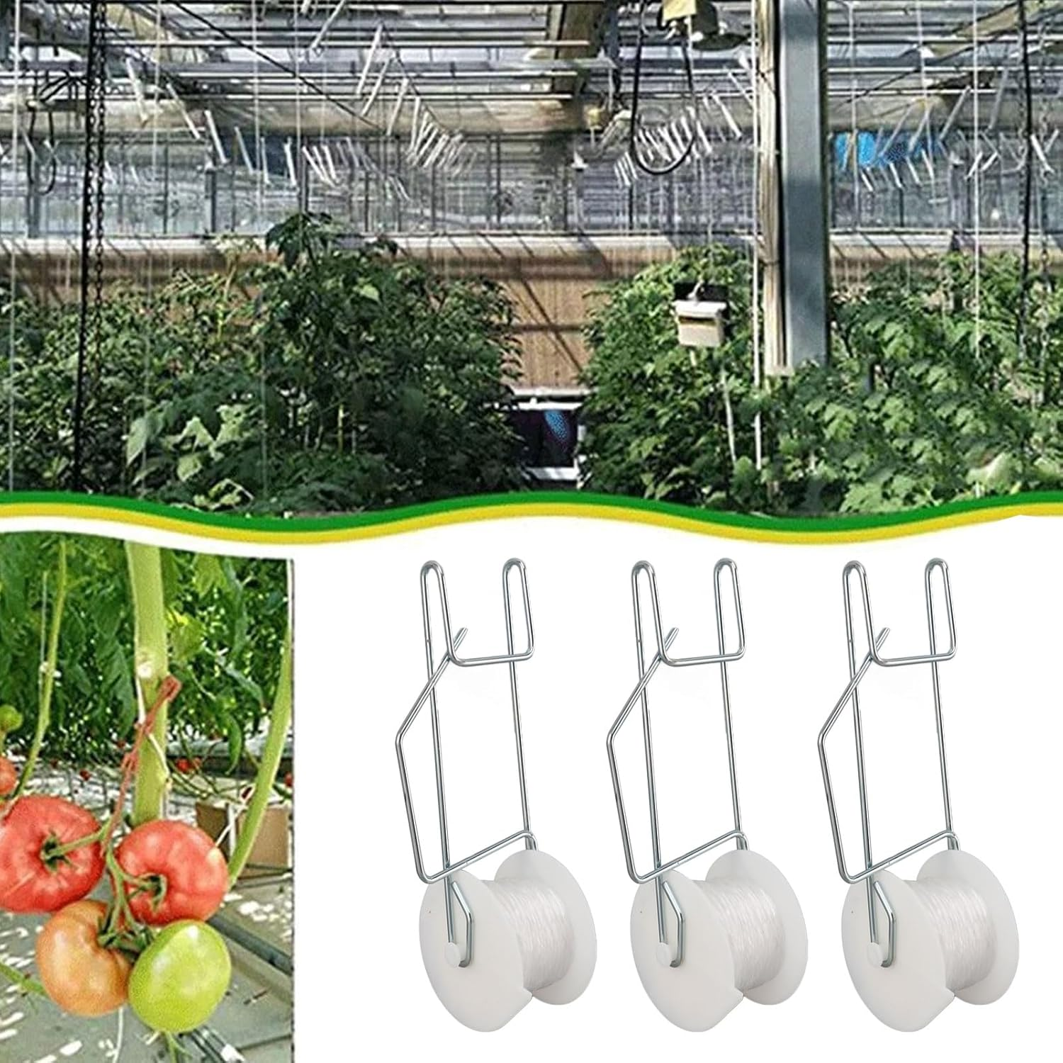 Tomato Trellis Roller Hooks, 10 Pcs Plant Support Hooks Galvanized Steel Wire PP Plant Roller Hooks for Tomato Flower Vine Twine Crop Trellis Kit image number 3