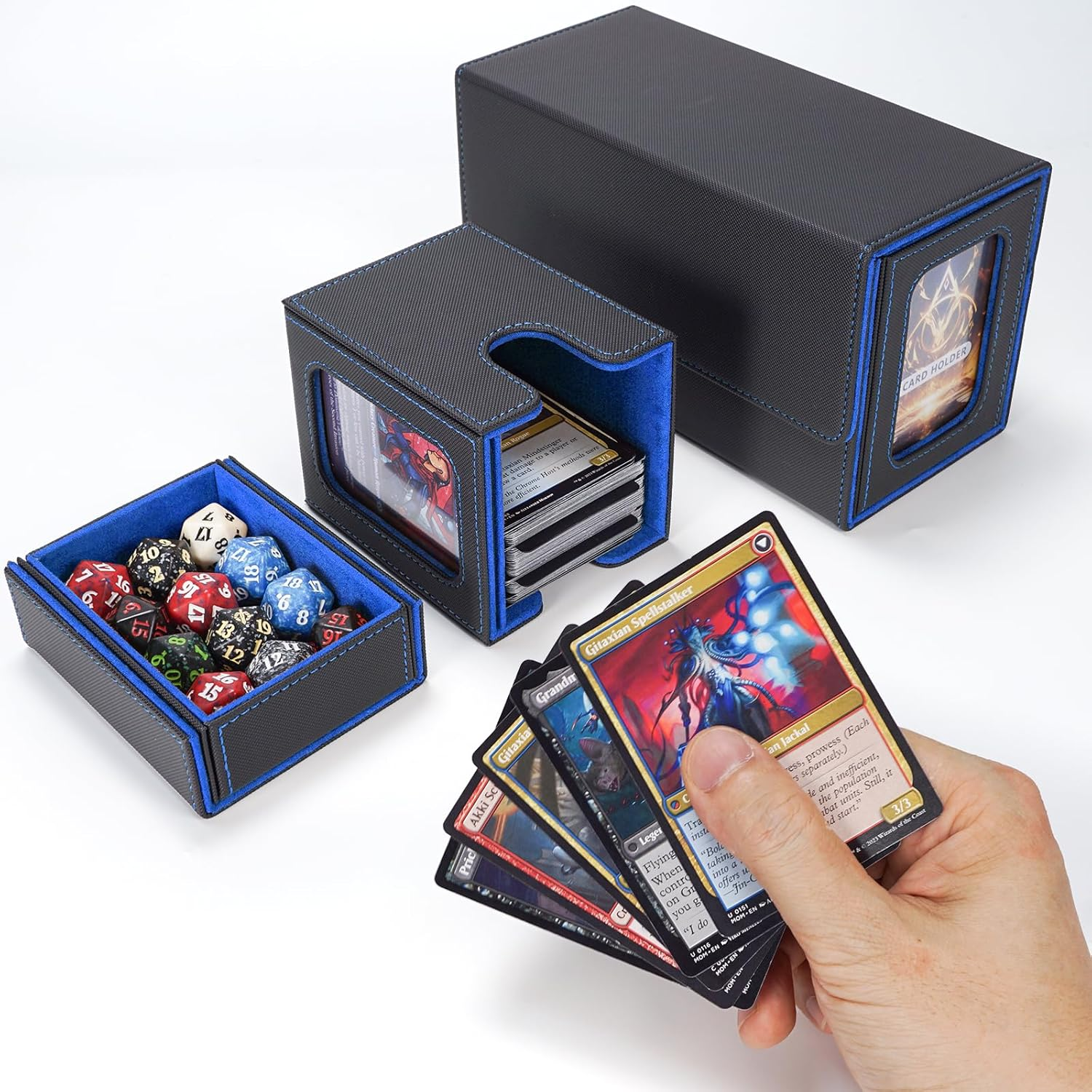 AFIING MTG Commander Card Storage Box - Fits 200 Double Sleeved Cards,3-In-1Card Deck Case,Strong Magnet Card Organizer for Magic Commander TCG Ccg,4Dividers &2 Toploaders, Black/Blue image number 2