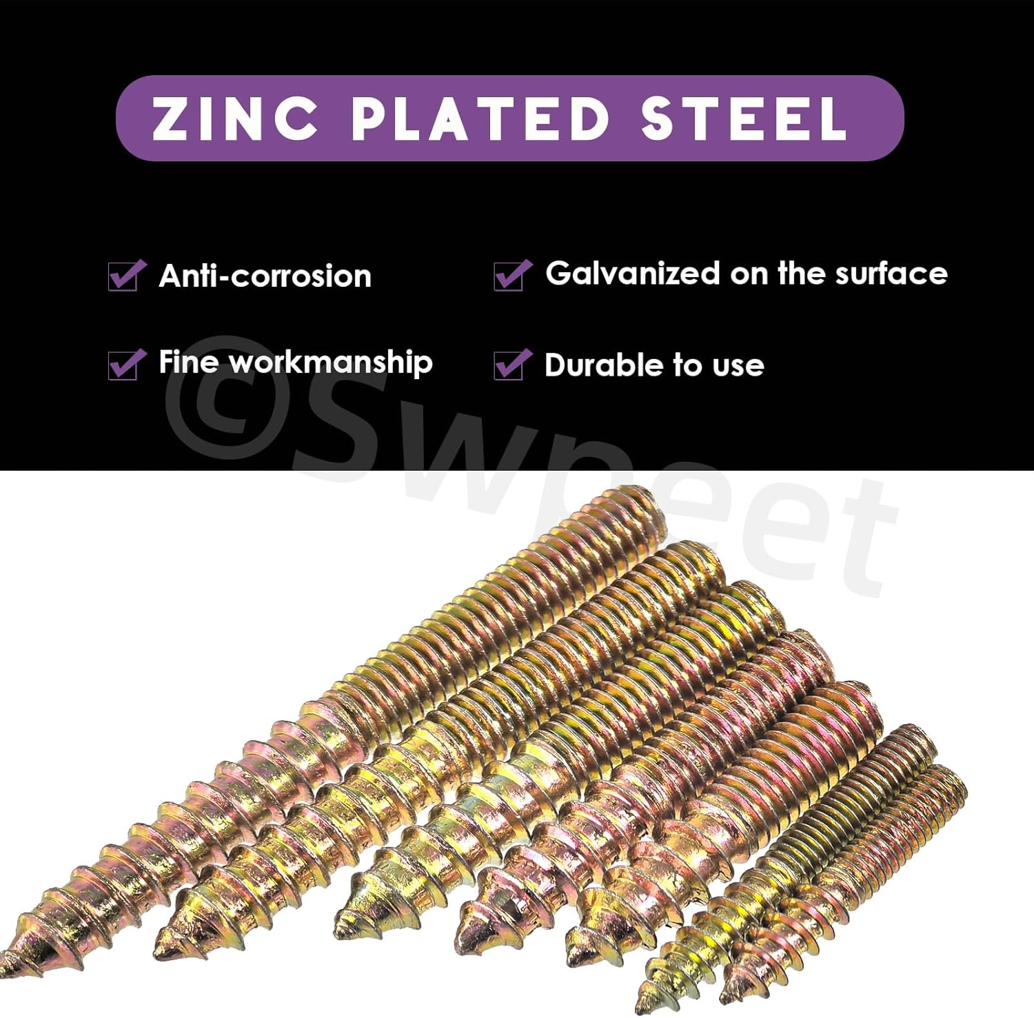 Swpeet 120Pcs 7 Sizes Color Zinc Hanger Bolts Assortment Kit, Double Headed Bolts, Self-Tapping Screw Hanger Bolts, Dowel Screw Bolts Threaded Rods Bolt Furniture Screws for Wood Furniture Joint image number 3