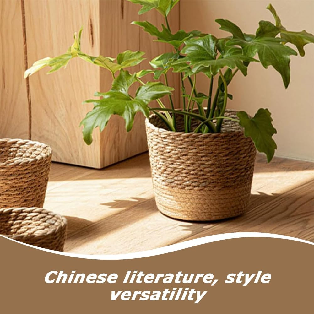 3 Pcs Handwoven Seagrass Planter with Waterproof Layer, Woven Tea Room Storage Baskets, Multi-Size Plant Pots &Organizer Bins, Rustic Coffee Brown Home Decor, for Living Room, Bedroom, Office image number 3