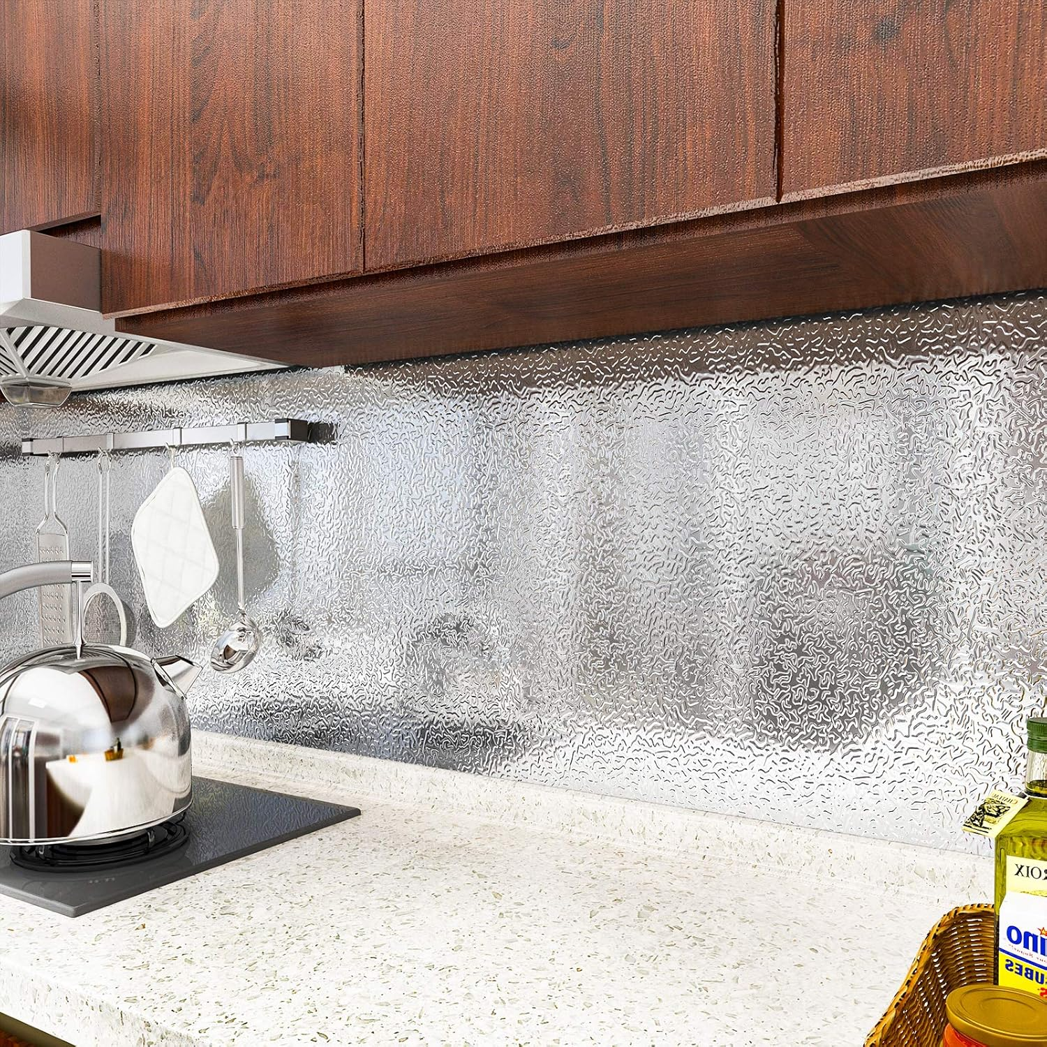 VEELIKE 15.7''X708'' Kitchen Oil-Proof Waterproof Backsplash Wall Stickers Roll Aluminum Foil Self Adhesive Peel and Stick Contact Paper Heat Resistant for Countertops Drawer Liner Shelf Liner image number 2