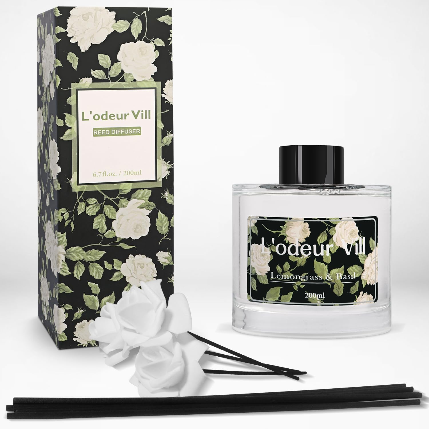 L'Odeur Vill Reed Diffuser Set, 6.7 Oz Lemongrass & Basil Scented Diffuser with 6 Sticks, Reed Diffuser with 3 Artificial Rose Home Fragrance for Bathroom Shelf Decor image number 1