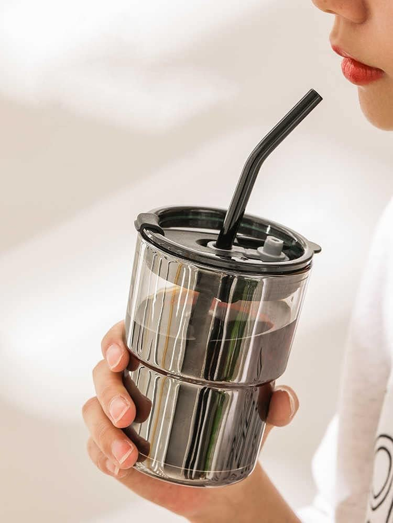 13 OZ/400ML Ice Coffee Glass Tumbler with Straw and Lid Sealed Carry On, Thick Wall Water Glass Cup Mug Tea （Gray） image number 6