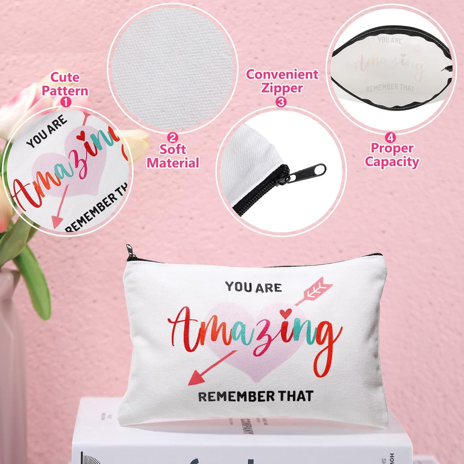 Chunful 10 Pieces Inspirational Canvas Makeup Bags for Women Bulk Rainbow Canvas Makeup Bags Cosmetic Bag with Zipper Friendship Gift Travel Toiletry Bag Pouch, White, Tree Style image number 2