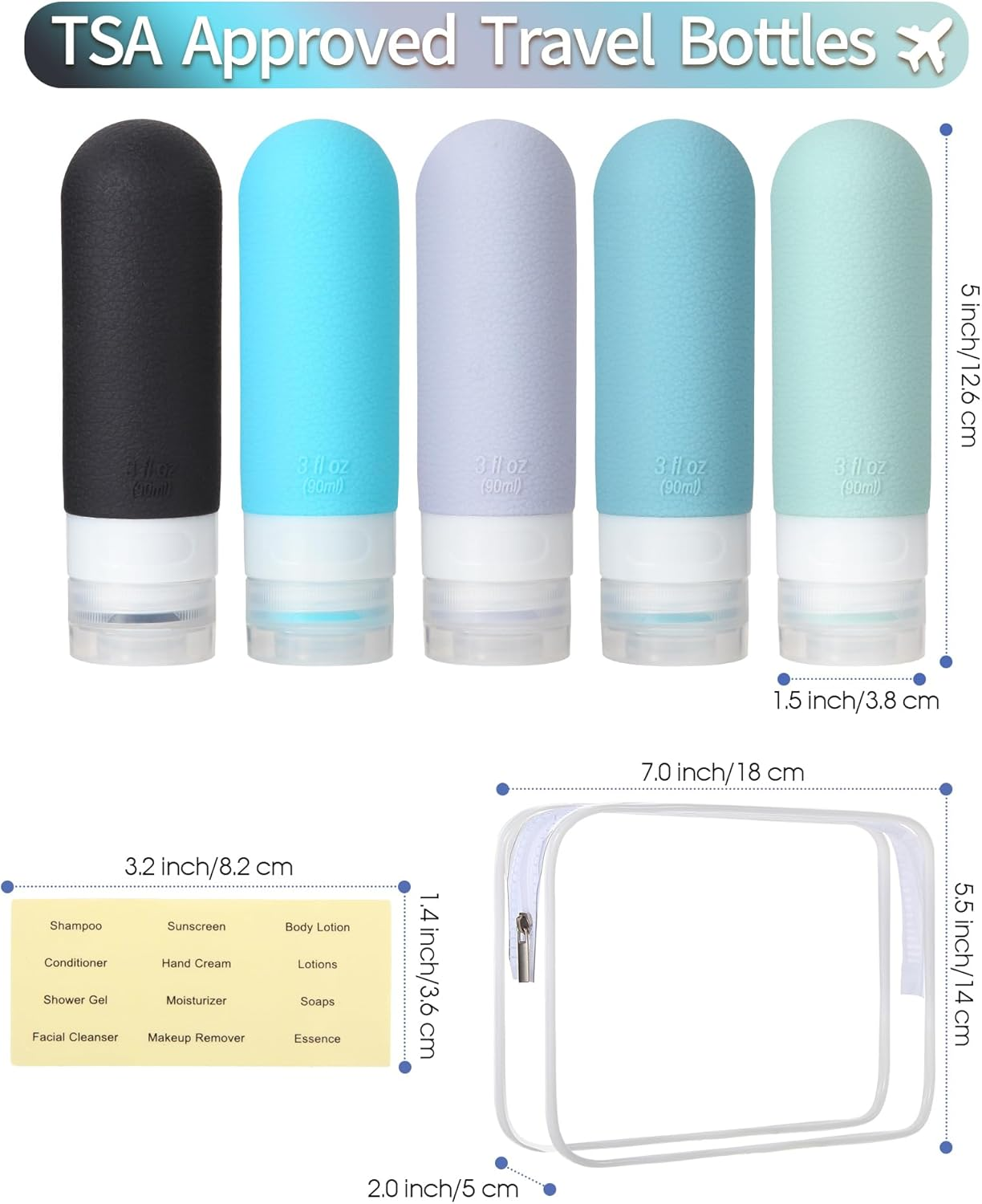 90Ml Travel Bottles Set for Toiletries, 5 Pack TSA Approved Silicone Travel Toiletries Bottles, BPA Free Leak Proof Refillable Travel Containers Essentials for Shampoo Cosmetic Lotion
