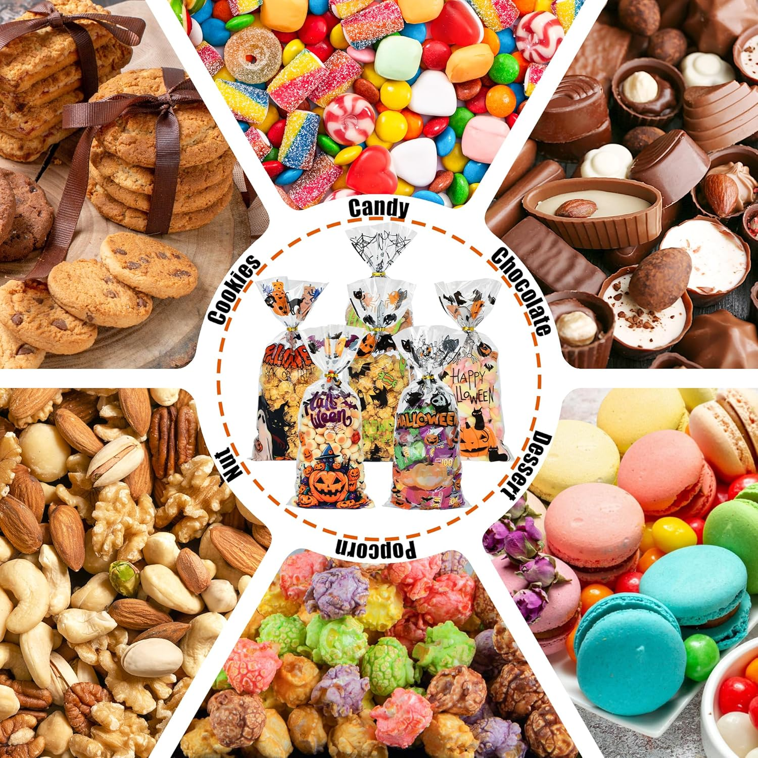 Twavang 150 Pcs Halloween Cellophane Treat Bags, Halloween Trick or Treat Goodie Bags with 170 Pcs Twists for Halloween Party Favors (10.8 X 4.9 Inches) image number 4