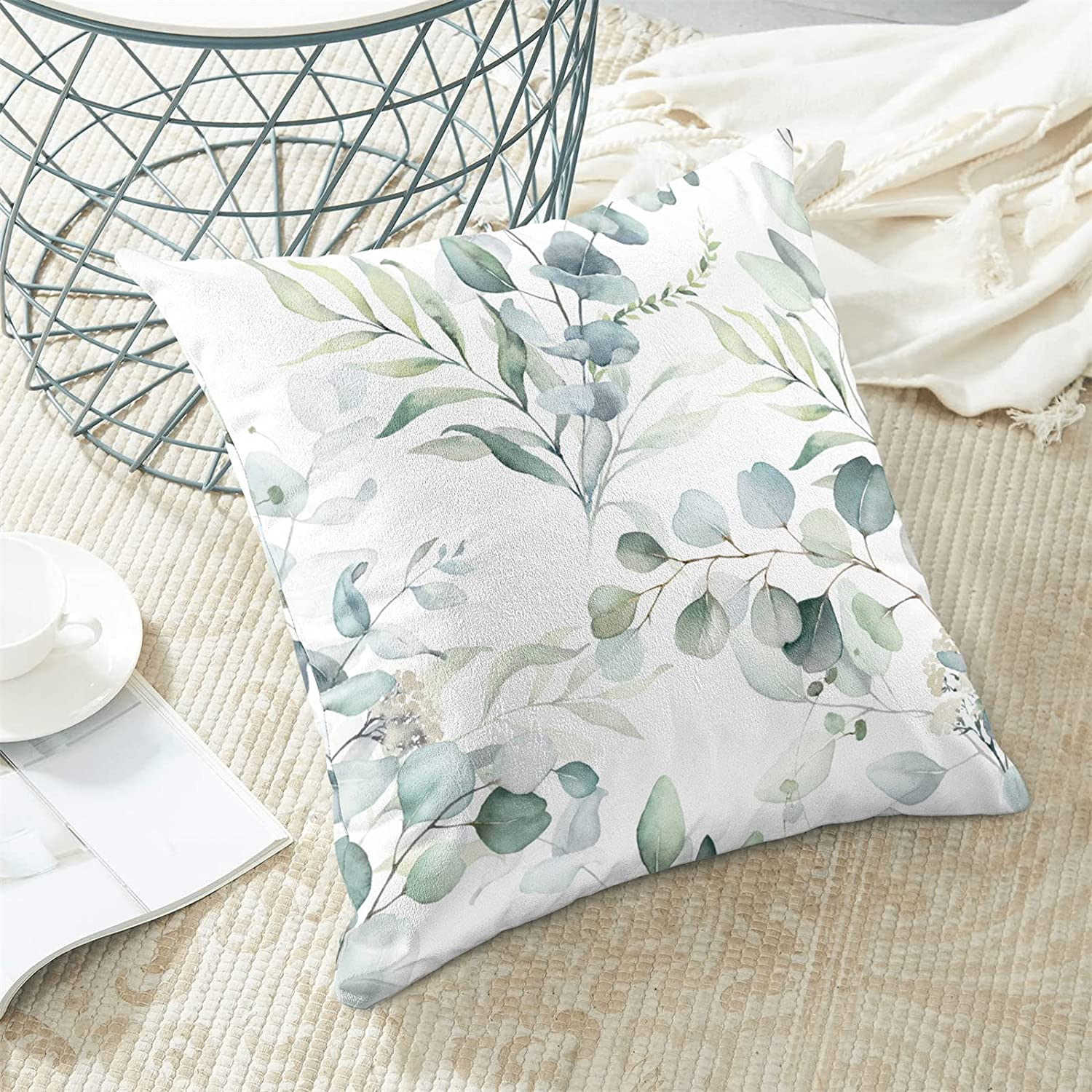 AEIOAE Spring Sage Green Pillow Covers 16X16 Inch Set of 2,Watercolor Eucalyptus Floral Throw Pillows Case,Seafoam Leaves Print Square Cushion Outdoor Leaf Decor for Home Sofa Bed (ZHH121001) image number 2