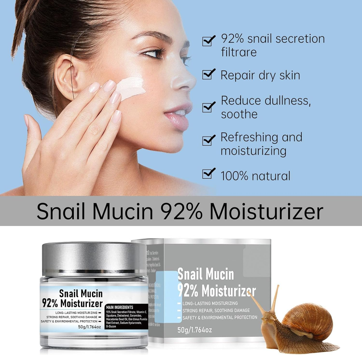 Snail Mucin 92% Moisturizer Daily Face Gel Cream,Hydrating Snail Mucin Repair Face Gel,Crema De Baba De Caracol Original,Hydrating Repair Face Gel Cream for Dry & Sensitive Skin All Skin Types (2) image number 1