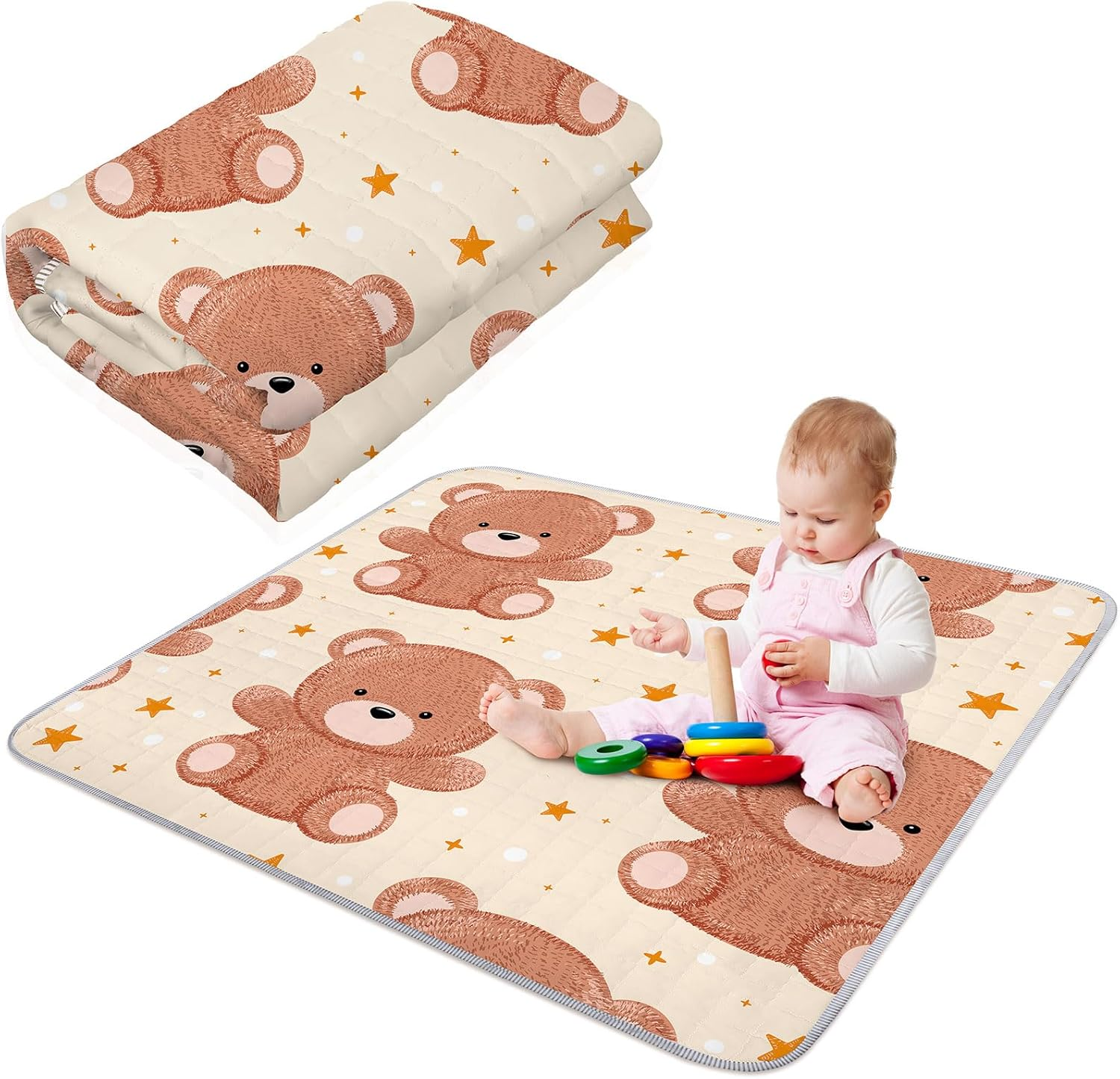 Funtery 43 X 43 Inch Boho Baby Play Mat Portable Crawling Washable Foldable Tummy Time Non Slip Baby Floor Large Playpen Mat for Infants Toddlers Floor Playpen Activity(Bear)