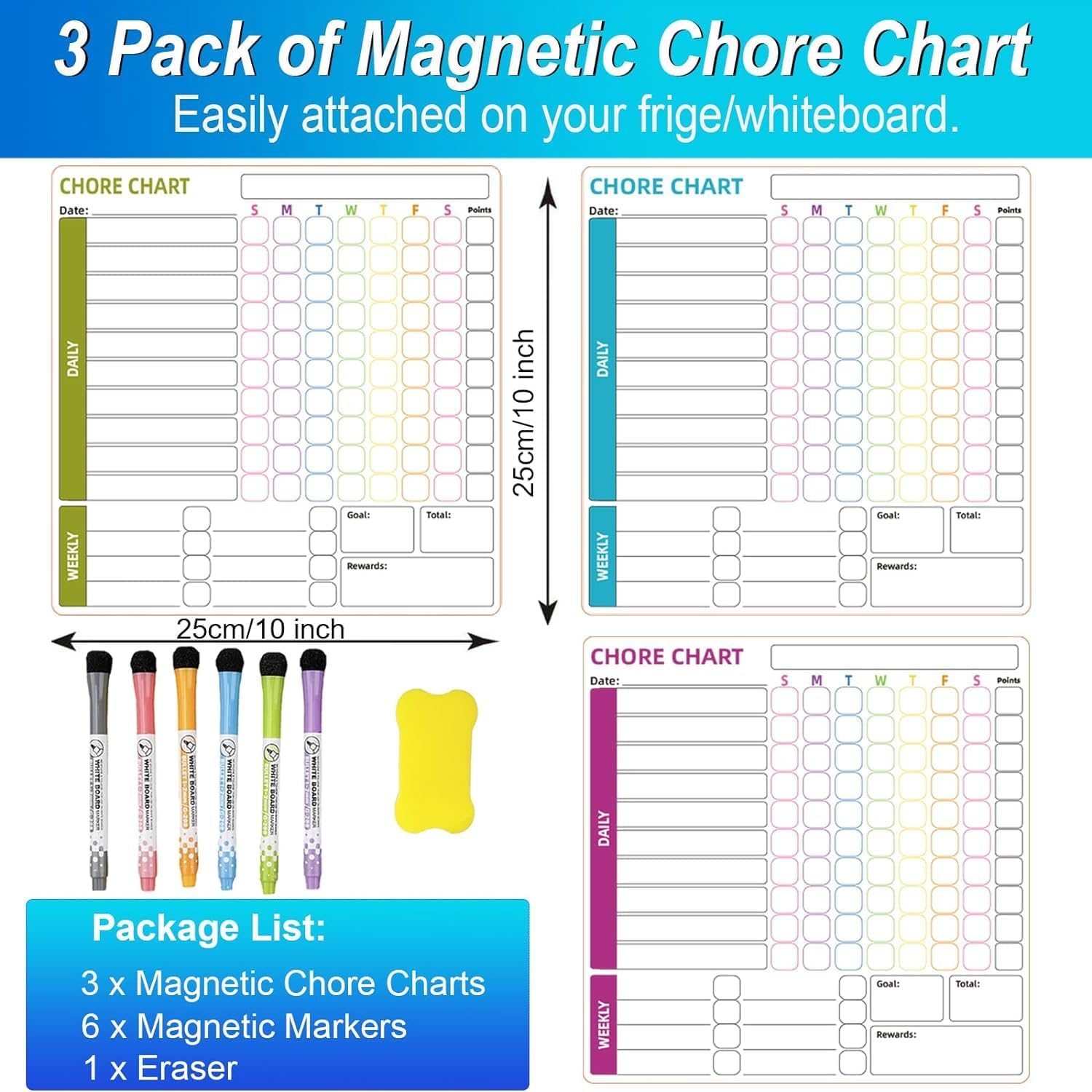 Chore Chart, 3 Pack Magnetic Chores Chart for Multiple Kids,Dry Erase Behavior Responsibility Reward Chart Fridge Weekly to Do Memo Checklist with 6 Fine Markers for Teenagers Children Adults image number 2