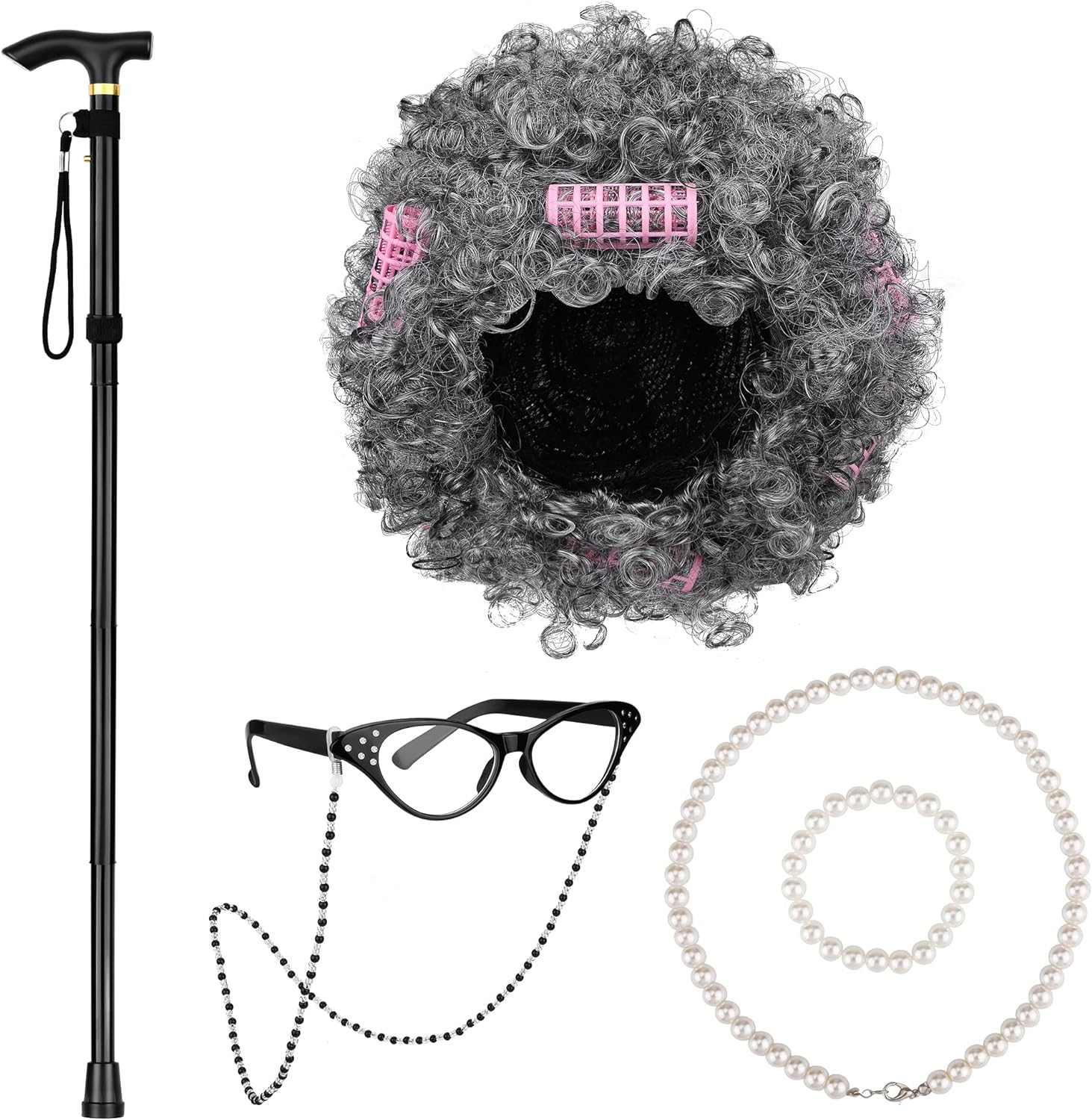 ADXCO 6 Pieces 100 Days of School Old Lady Wig Party Costume Cosplay Set Cane Curling Irons Cat Eye Glasses Necklace Bracelet Light Gray image number 4