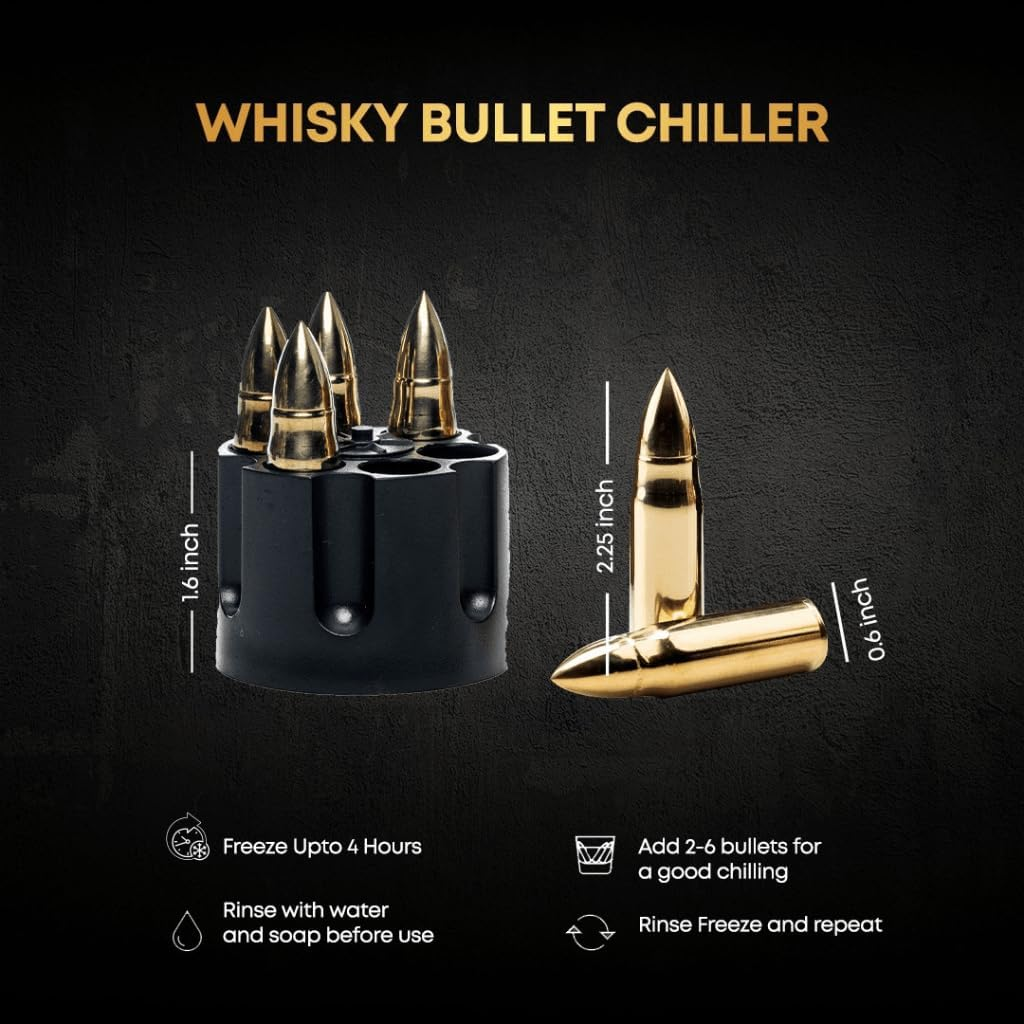 Don Vassie XL Whisky Bullet Chillers 6 Pcs Golden with a Revolver Base and a Wooden Box image number 1