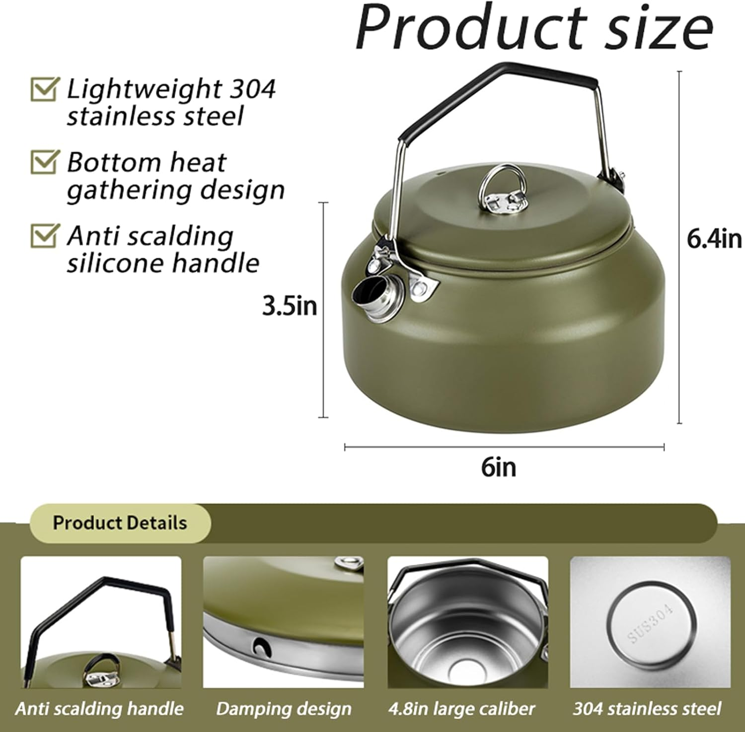 Camping Kettle Camp Tea Coffee Pot, 1L Stainless Steel Outdoor Campfire Camp Kettle, Portable Lightweight Teapot Fast Heating Boiling Water, Ideal for Hiking Picnic Travel, Green - Black image number 3