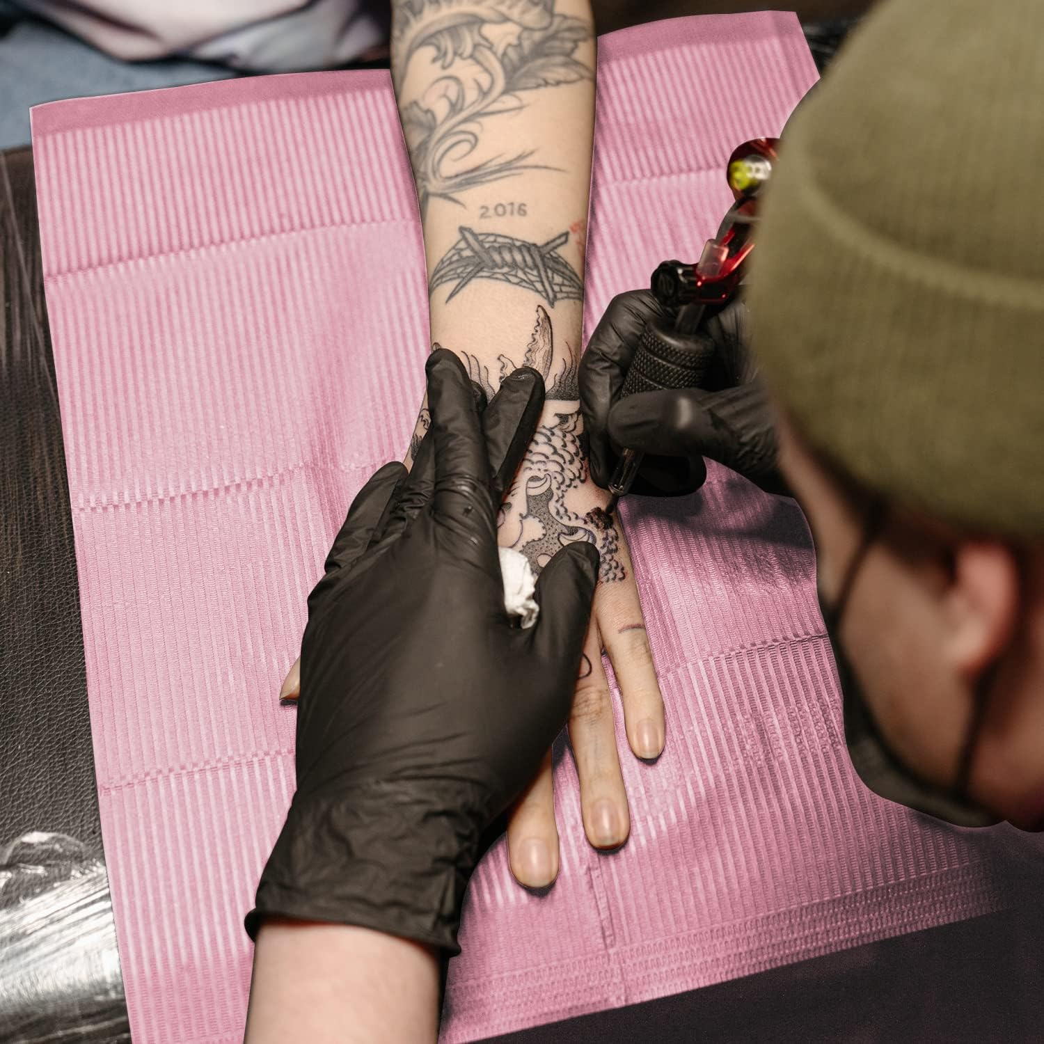 Lainrrew Disposable Dental Bibs, 50 Pcs Waterproof Patient Bibs Dentist Bibs Napkin Tattoo Bibs Sheets Cloths Tattoo Table Covers Clean Pad Tattoo Tray Covers Tattoo Supplies, 13 X 18 (Pink) image number 2