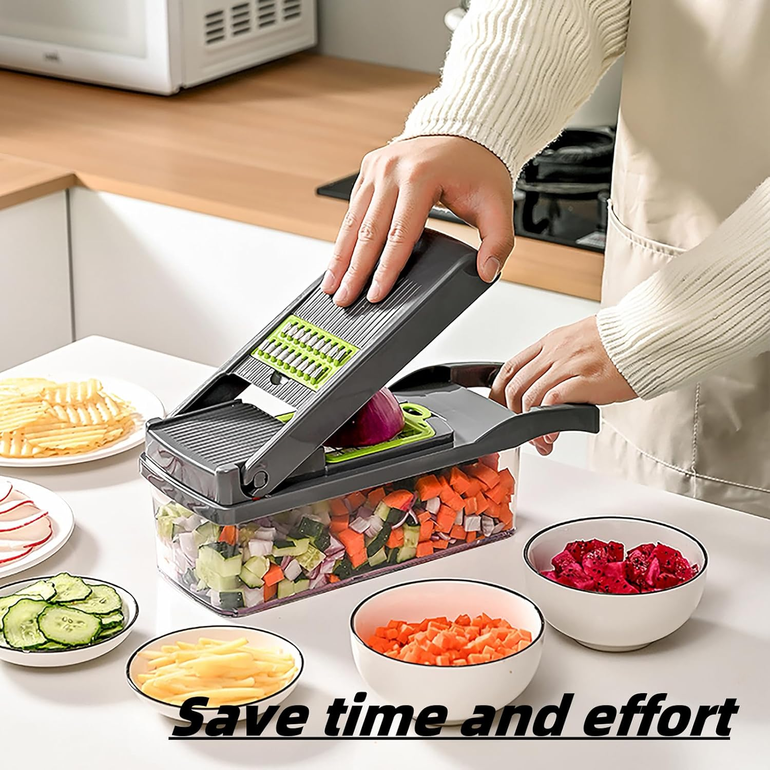 Vegetable Chopper Multifunctional Onion&Carrot Dicer，Potato Slicer Cutter，Pumpkin&Carrot Shreds with Sharp Blades，Egg White Separator and Drainage Basket (Grey Anti-Slip) image number 6