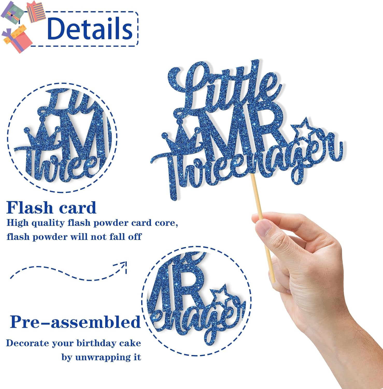 Little Mr Threenager Cake Topper - Kid Boy 3Rd Birthday Party Cake Supplies - Three Years Birthday - 3Rd Birthday Party Decoration - Navy Blue Glitter image number 5