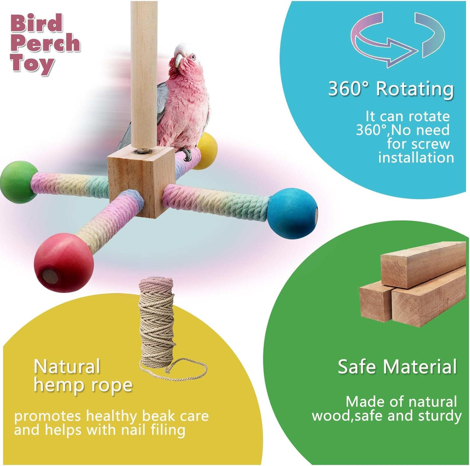Bird Cage Perch Stand with Interactive Rotating Wheel Toy, Wooden Exercise Toy for Parakeets, Cockatiels, Small and Medium Parrots (Bird Cage with Toy) image number 5