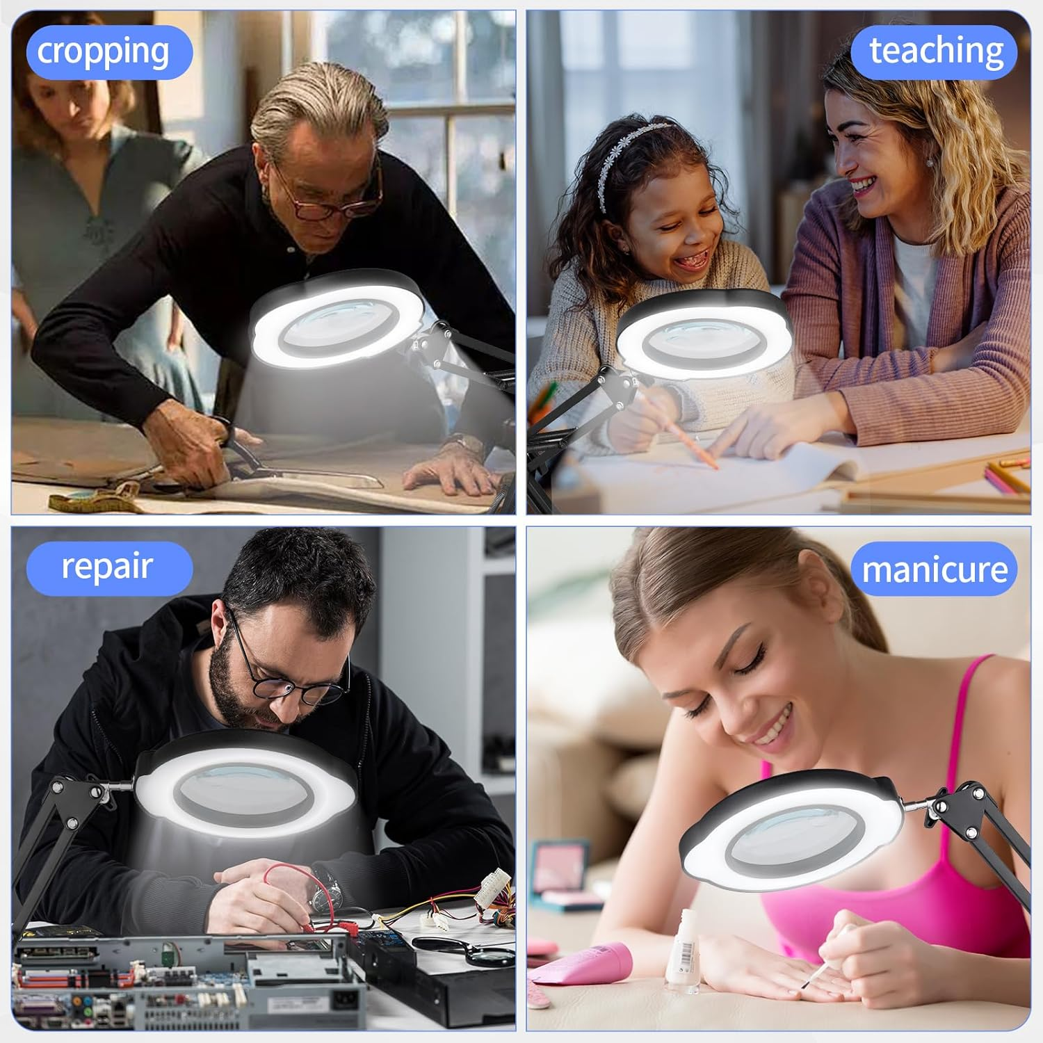 15X 10X Magnifying Glass with Light and Stand, 2 in 1 Magnifying Desk Lamp with Clamp & Base, 5 Color Modes Dimmable with Swing Arm, LED Lighted Magnifier Light for Reading, Repair, Craft, Close Work image number 3