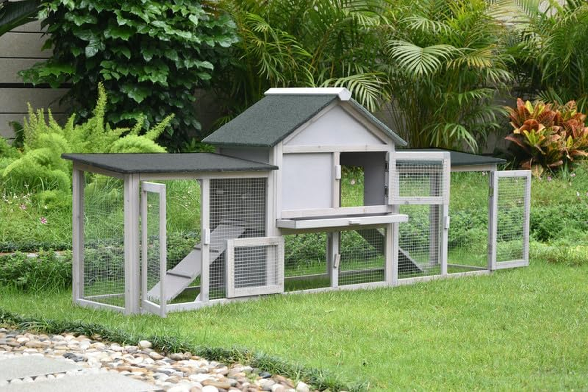 Pawhub Double Run Wooden Chicken Coop Rabbit Hutch Bunny Cage Grey image number 2