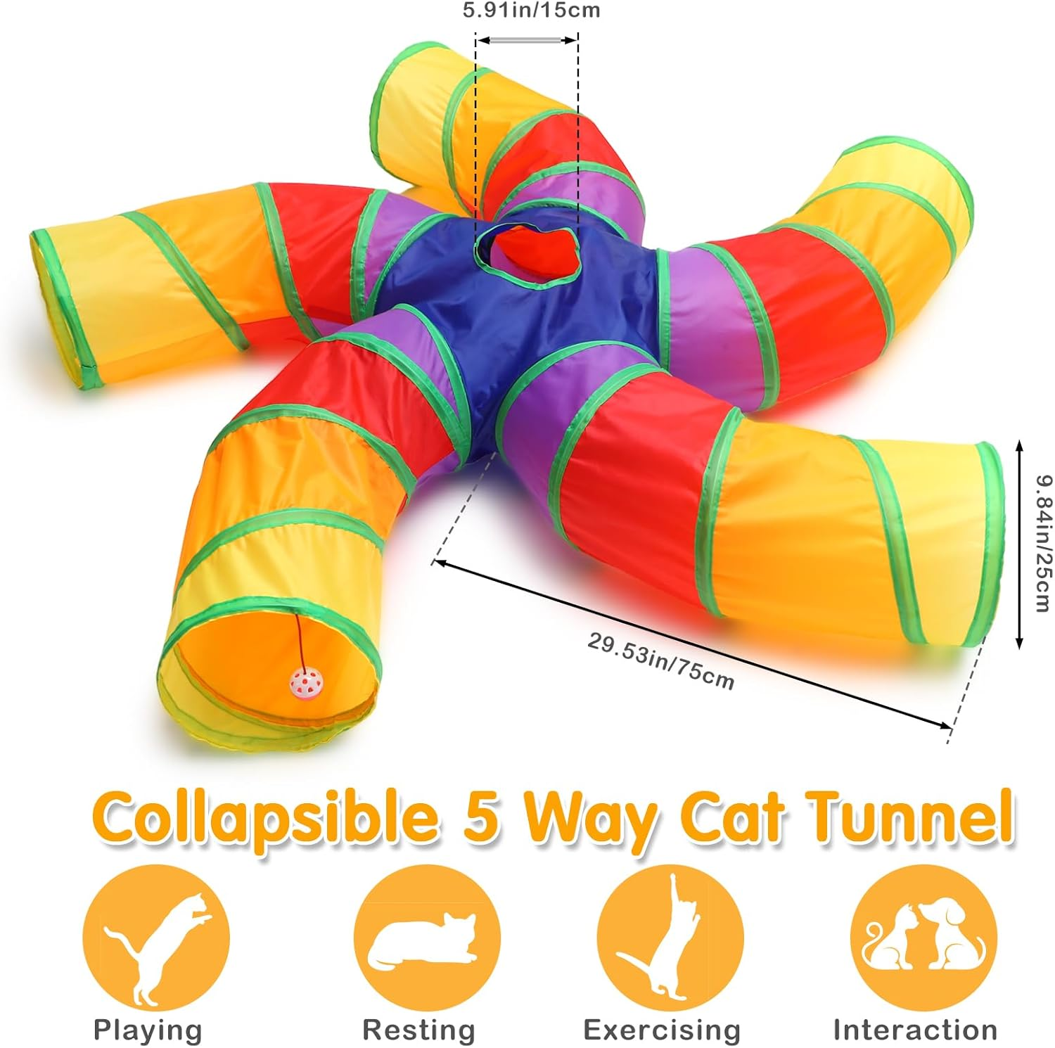 Poen 21 Pcs Cat Tunnel for Indoor Cats Set Collapsible 5 Way Cat Tubes with 20 Pcs Cat Toys Kitten Toys Interactive Cat Feather Toy Mouse Crinkle Balls Cat Tube for Puppy Kitten Rabbit(Colorful) image number 2