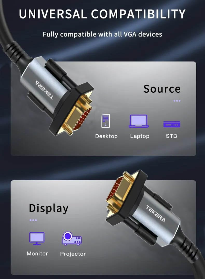 VGA Cable, TEKERA VGA to VGA Cord HD15 Male to Male Monitor Cable for PC Laptop TV Projector 1.5M 3M (1.5M) image number 1