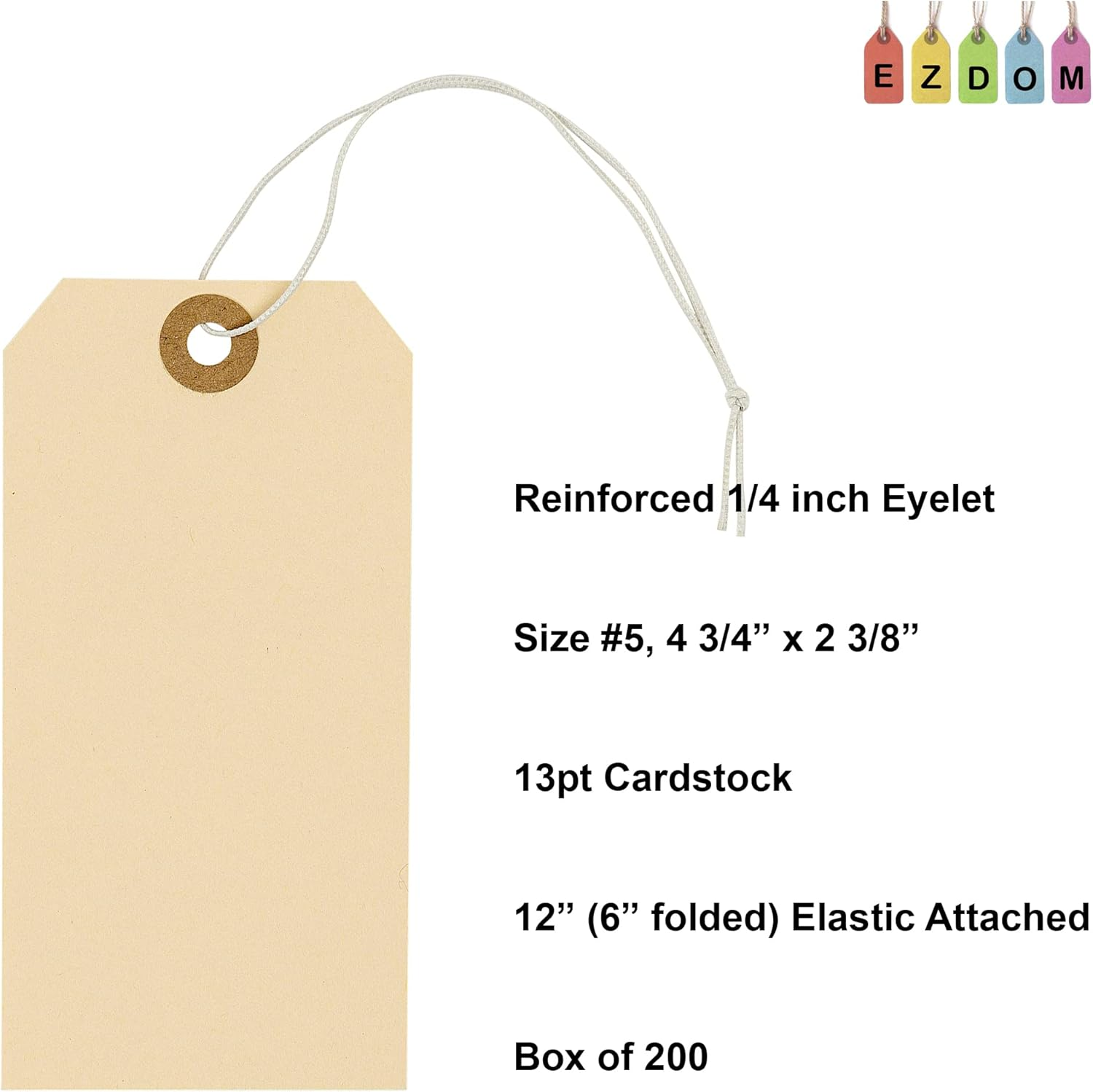 Tags with Elastic String Attached - #5, 4 3/4" X 2 3/8" Box of 200 Manila Paper Label Tags with Elastic Loop and Reinforced Hole image number 3