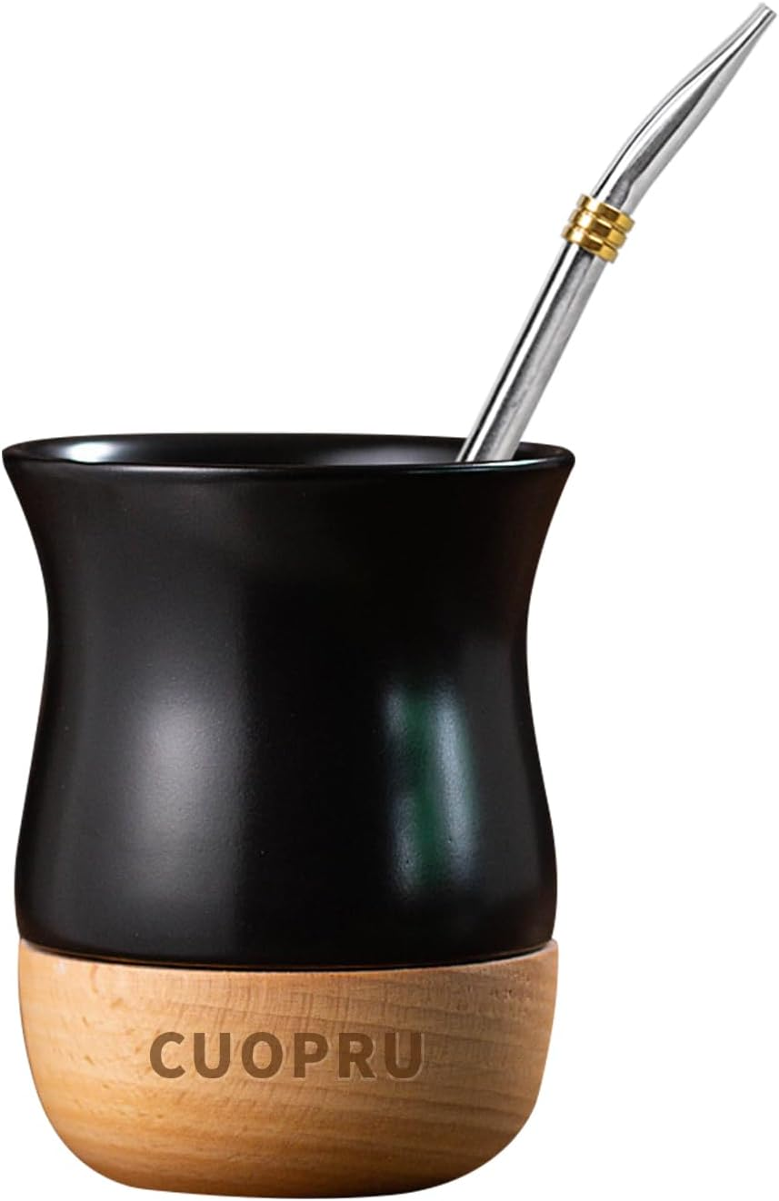 8 OZ Ceramic Yerba Mate Cup with Original Wood Base, Includes Mate Gourd, Bombilla Straw and Cleaning Brush - Perfect for Traditional Yerba Mate and Modern Style Drinking Mug (White)