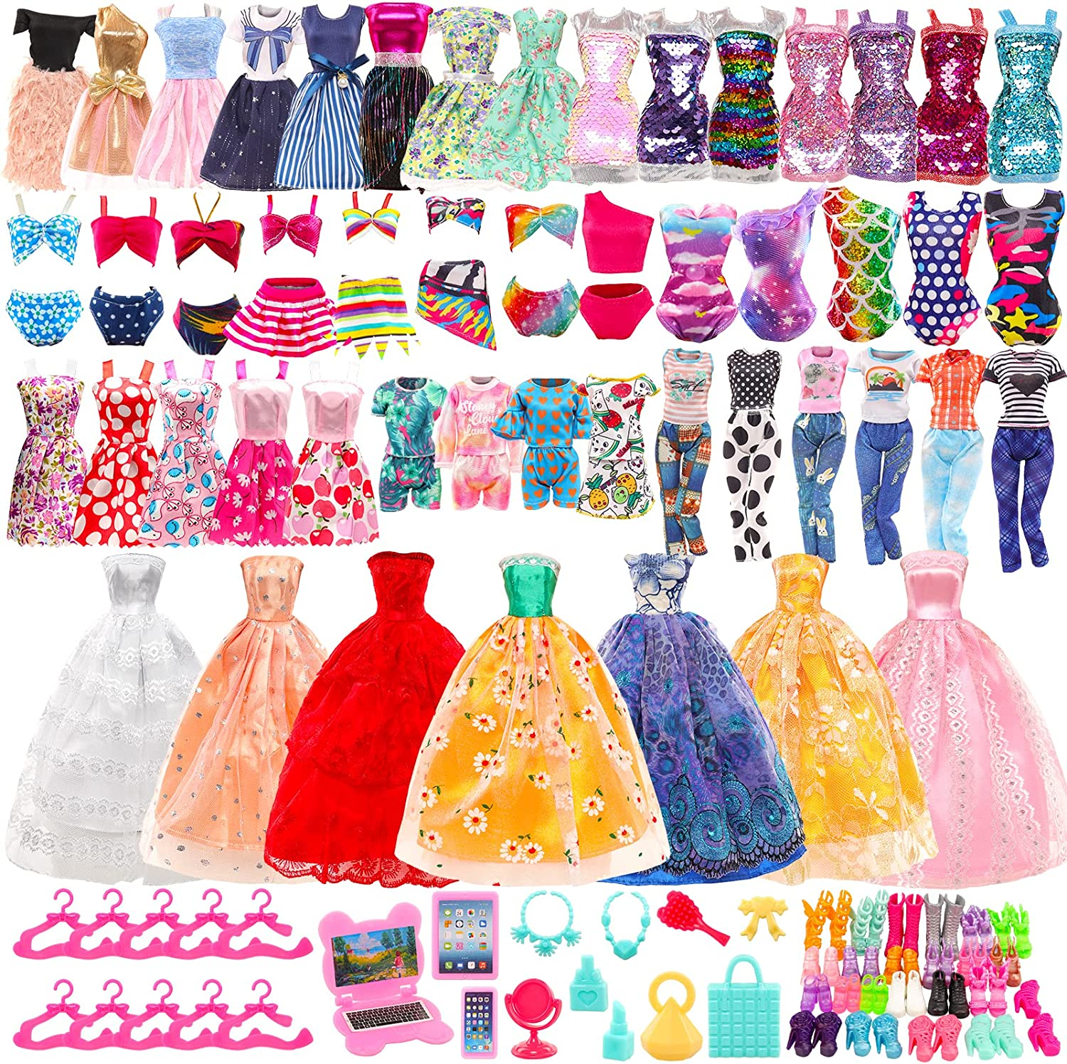 BARWA 52 Pack Doll Clothes and Accessories 3 Wedding Gown 6 Fashion Sequins Dresses 3 Tops 3 Pants 3 Swimsuits 5 Mini Skirts 32 Pcs Computer Shoes Hangers Cosmetic Accessories for 11.5 Inch Dolls image number 4