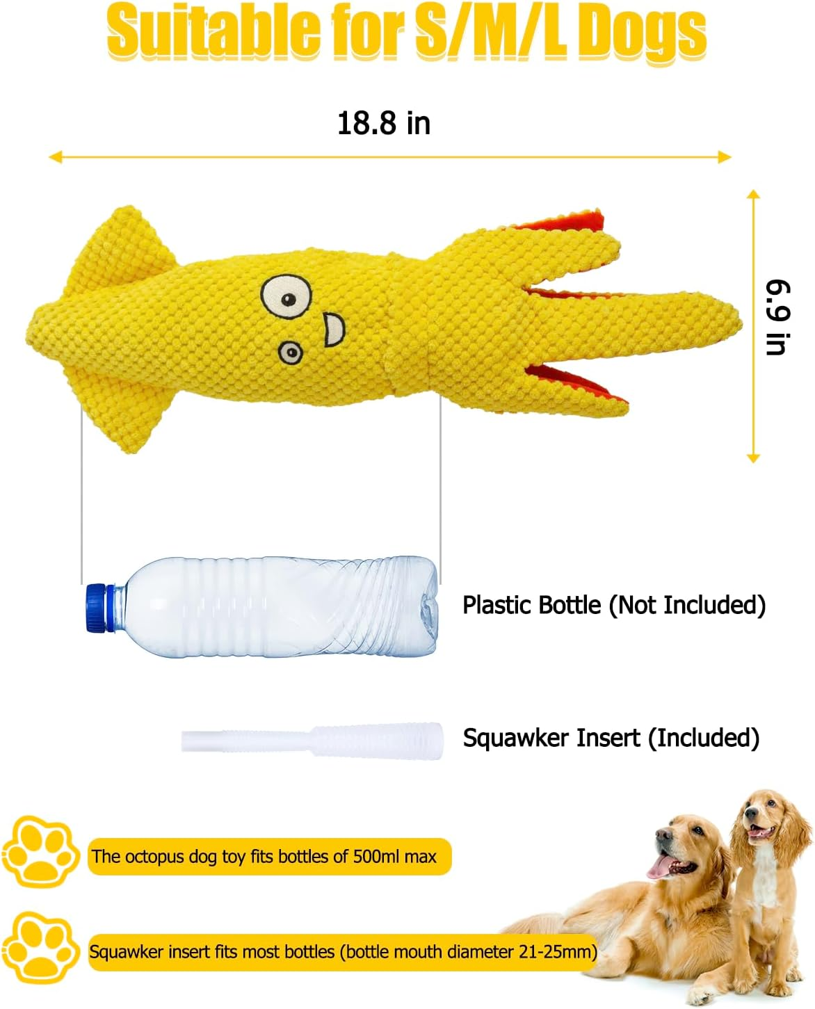 Squeaky Dog Toys No Stuffing Crinkle Plush Water Bottle Toy Interactive Squawking Octopus Pet Chew Toy for Puppy Small Medium Large Dogs (Yellow-Octopus) image number 2