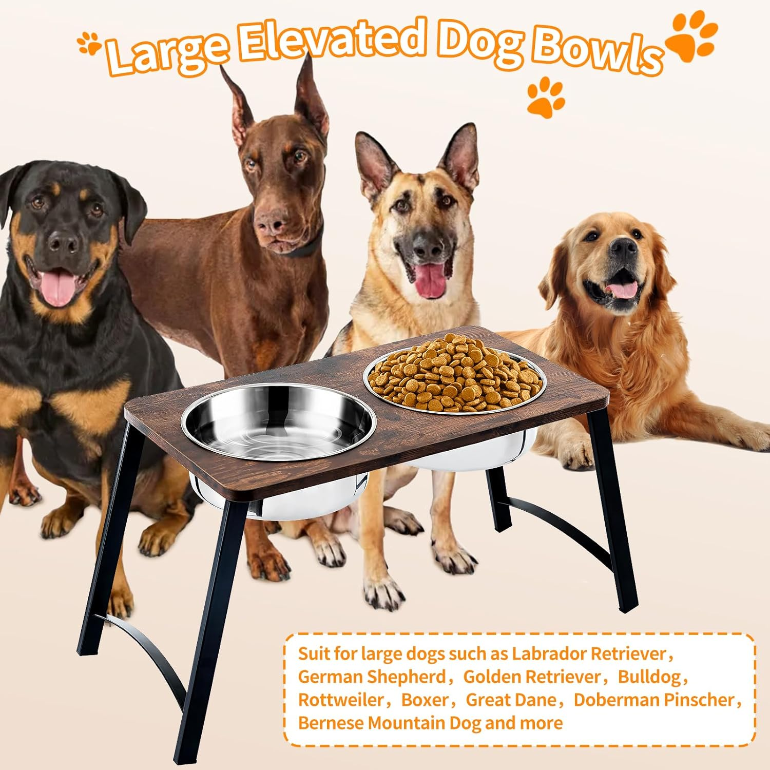 Elevated Dog Bowls for Medium and Large Dogs Wood Raised Bowl Stand with Two 1700ML (58Oz) Stainless Steel Dog Food and Water Bowls,Non-Slip image number 4