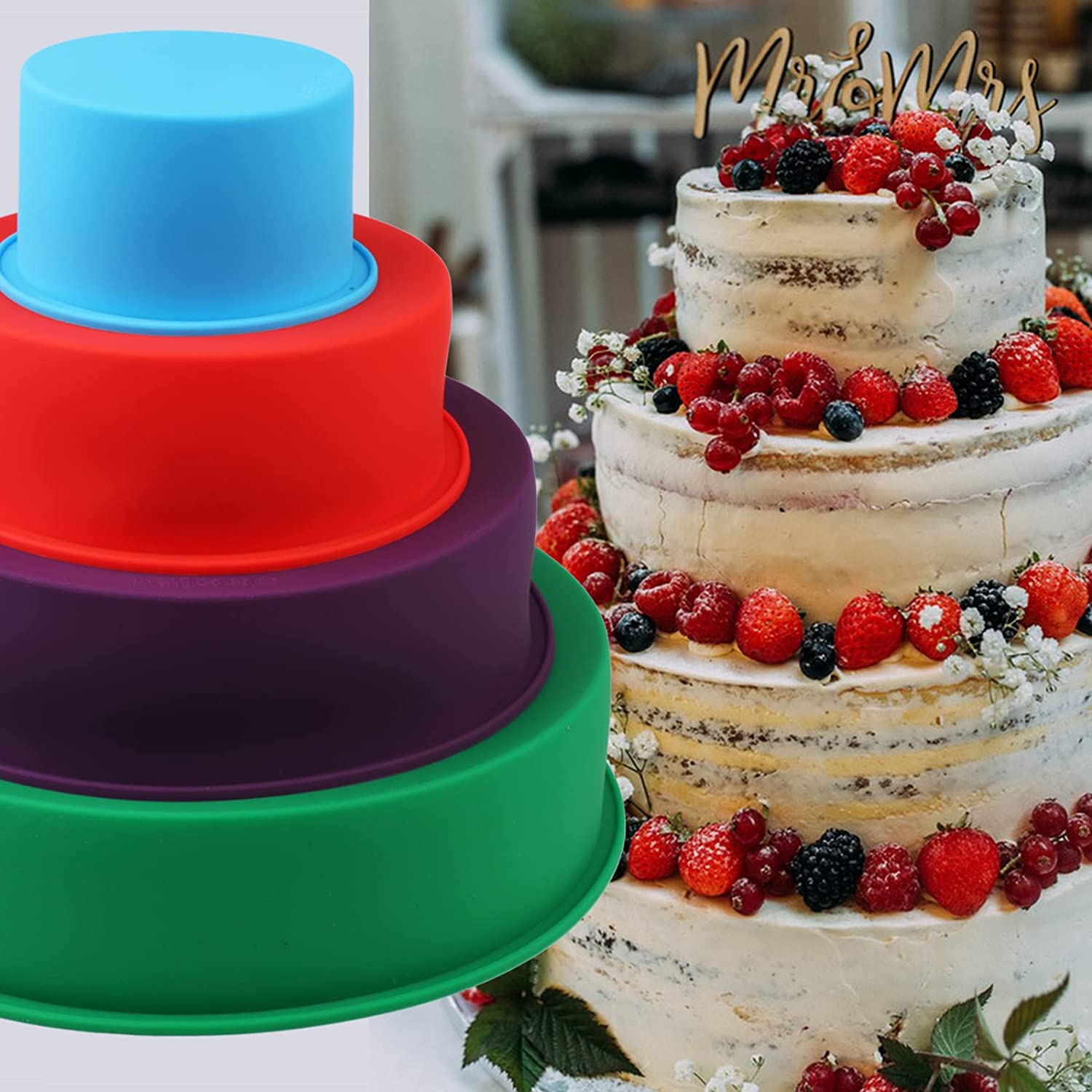 Silicone round Cake Pans Set, 4 Pcs (4"/6"/8"/10") Extra Thick Nonstick Leakproof round Deep Cheesecake Pans, Layer Baking Pans Cake Tins Set for Birthday Wedding Tier Cake image number 4