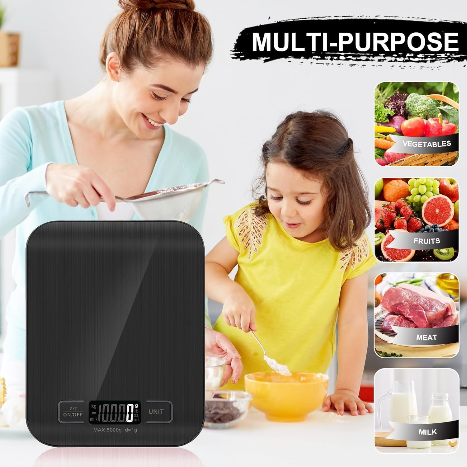 Kitchen Scale, 5 Kg Electronic Cooking Scale with Battery, Stylish Ultra-Thin Food Scale, 5 Units with Tare Function, Touch Buttons, Backlit LCD Display(Black). image number 2