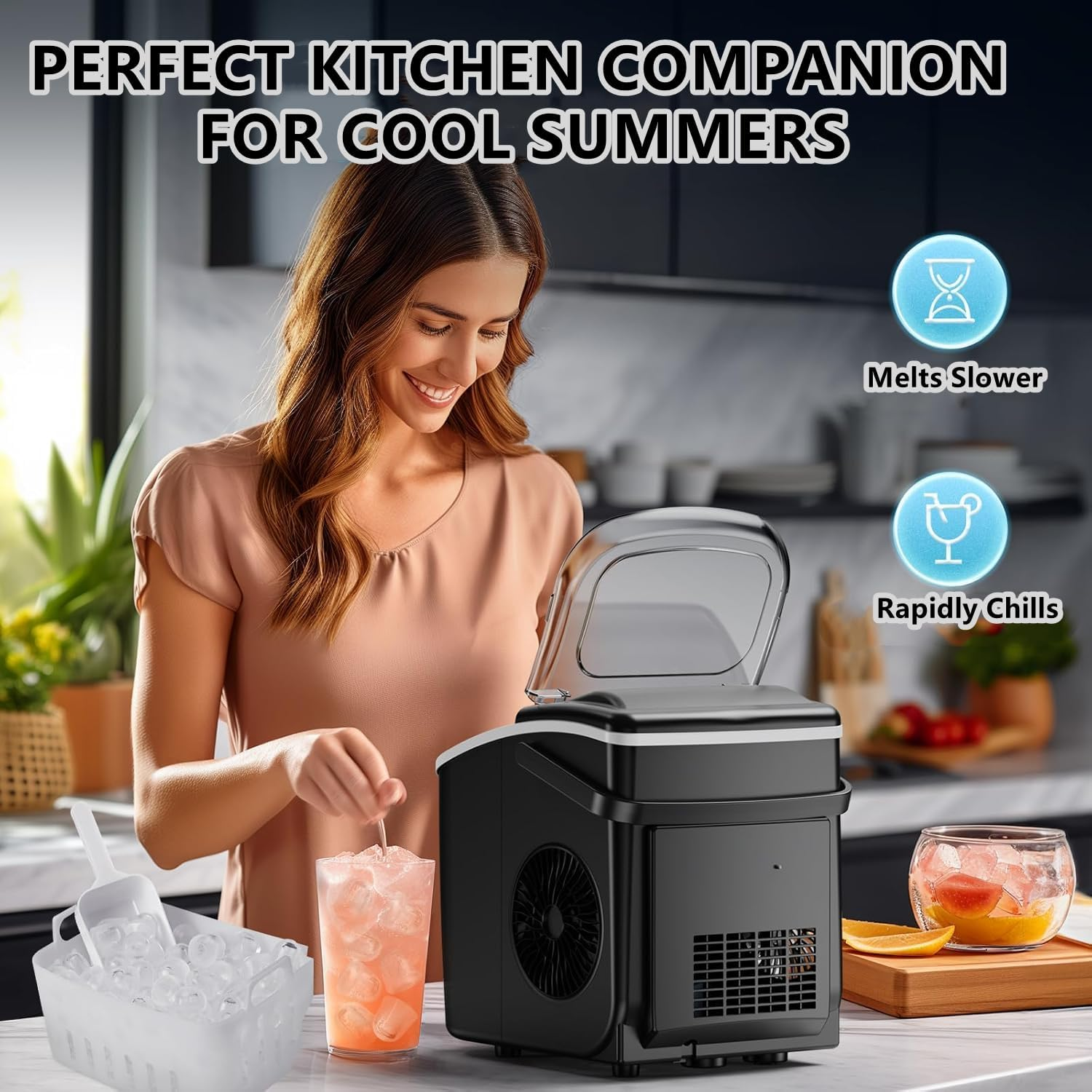 Ice Maker for Countertop, 1.2L 12KG Stainless Steel Portable Icemaker Cube Makers, 26Lbs Ice/24Hrs, with Self-Cleaning Feature, Ice Spoon and Basket, for Home, Kitchen, Camping, Party (Black) image number 4