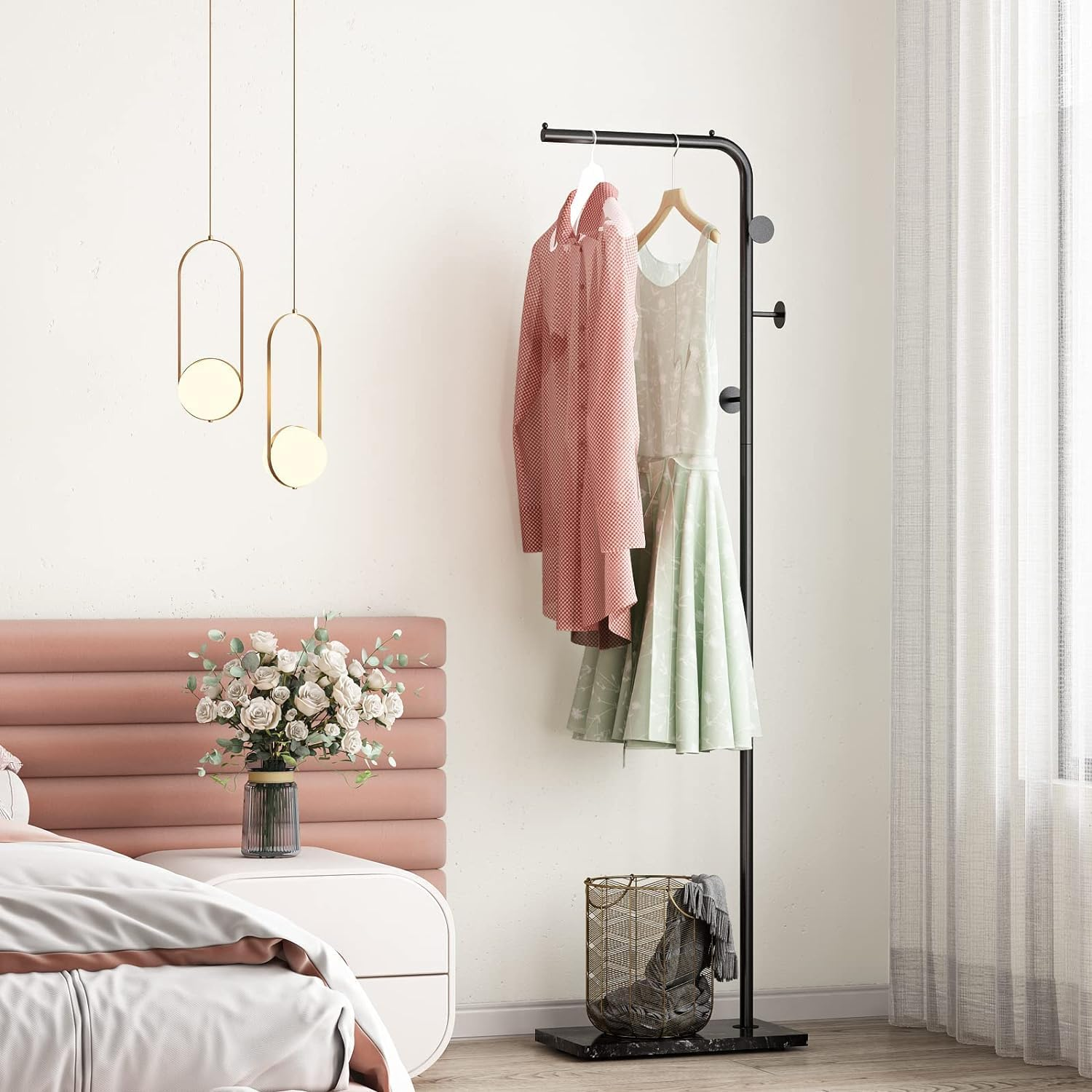 HOMIEST Metal Coat Rack Freestanding, Coat Hanger Stand with 3 Hooks,Clothing Rack with Natural Marble Base, Modern Coat Stand for Entryway, Living Room,Bedroom, Office, Black, 170 Cm image number 5