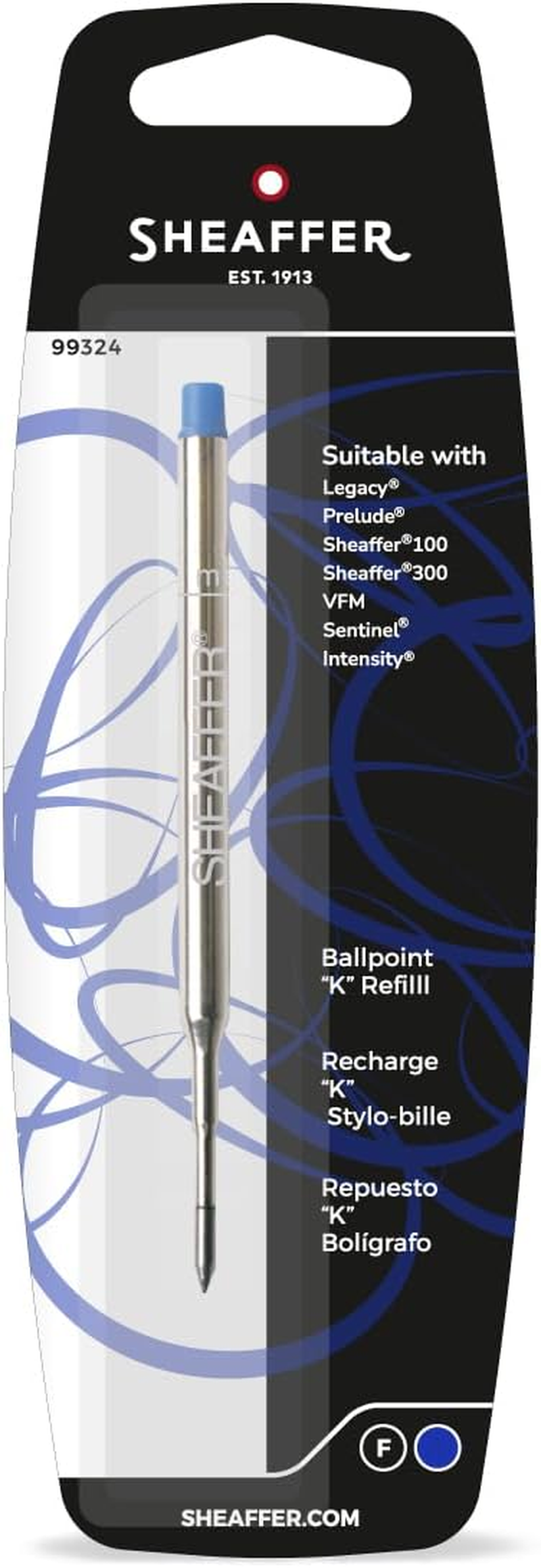 Sheaffer K Ballpoint Refill, Black Ink, Medium Point, Single Blister Card (99335)