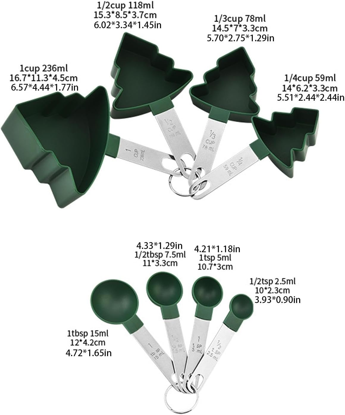 Measuring Cups and Spoons Set | 8X Christmas Tree-Shaped Measuring Spoons with Stainless Steel Handle - Accurate Green Measuring Cups for Cooking and Baking Dry and Liquid image number 5